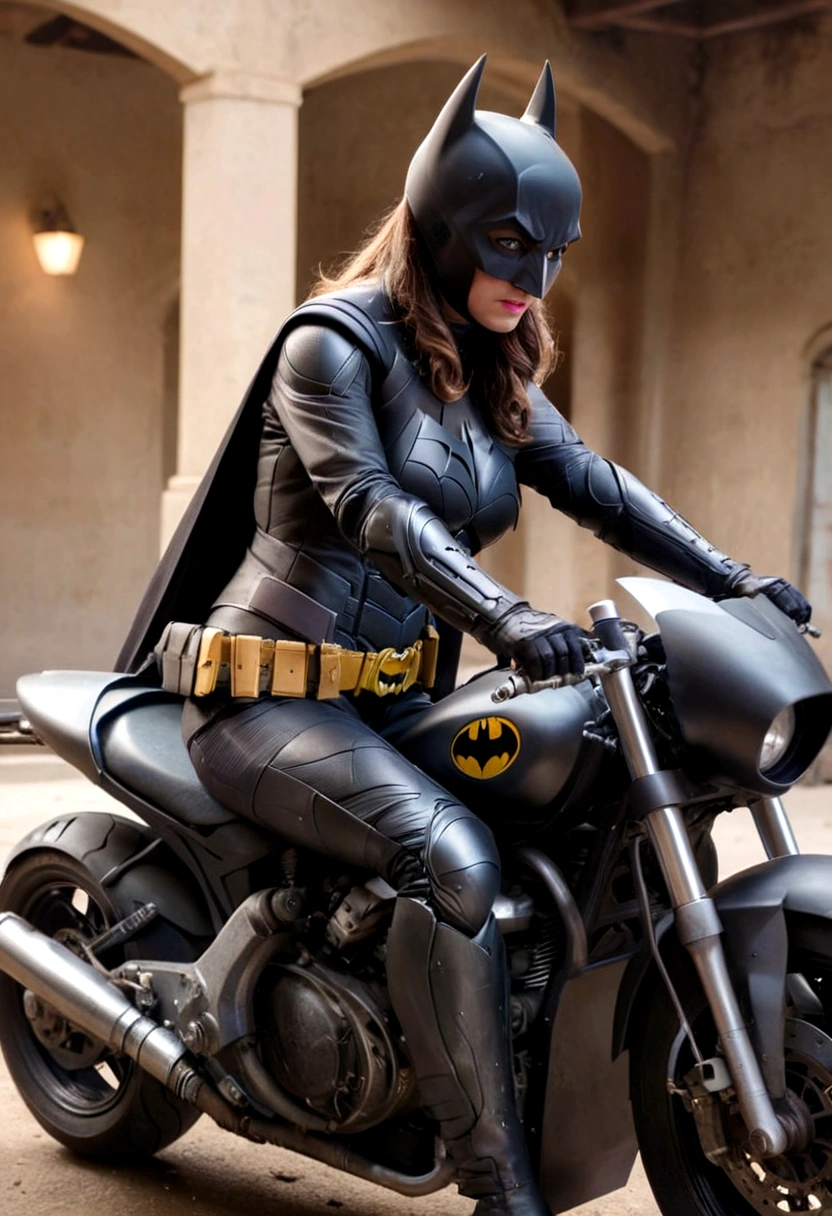 Batman gets on her Bat Motorcycle and prepares to leave, view from behind, damage to her uniform, view from behind