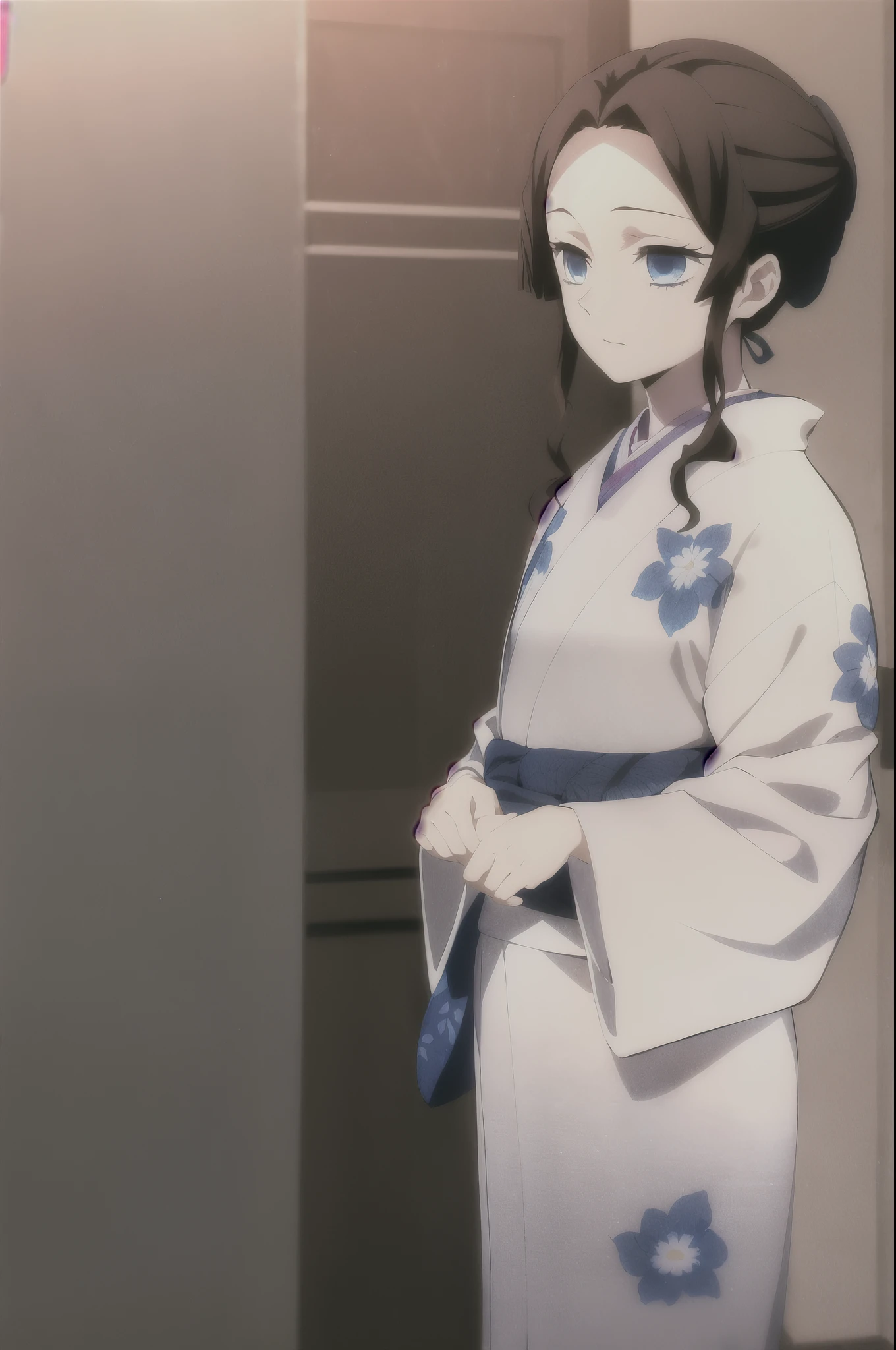 kimetsu no yaiba style,1girl, solo, japanese clothes, kimono, blue eyes, long hair, hair over shoulder, hair tied with a white ribbon, floral print, simple open haori overcoat over kimono, brown hair, upper body, anime coloring, ((masterpiece))