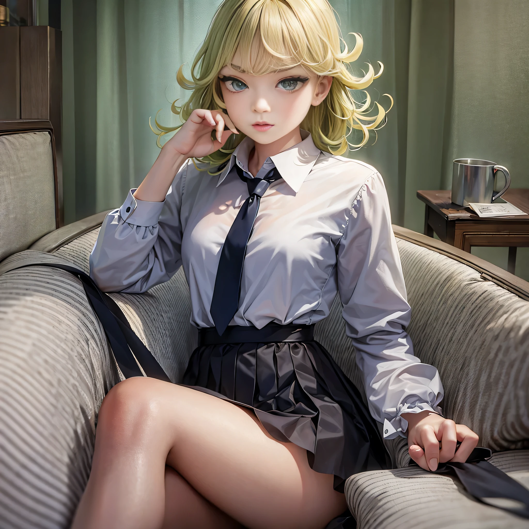 (masterpiece, best quality:1.2), solo, 1girl, tatsumaki, unamused, closed mouth, looking at viewer, hand on own face, sitting, crossed legs, collared shirt, necktie, skirt,green hair, green eyes,big thighs 