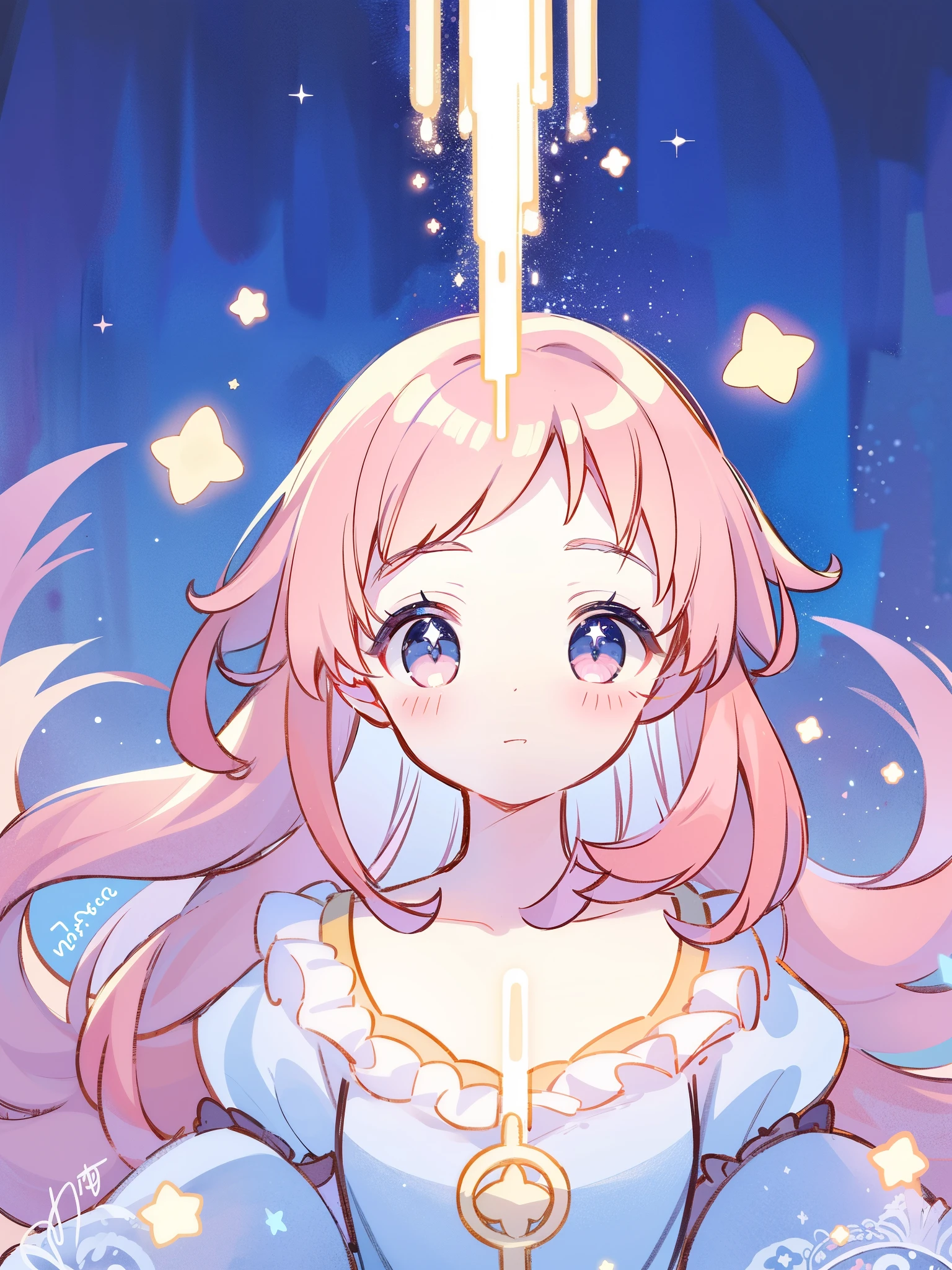 complex background, wishing star background, magical girl wearing an ethereal mystical pink translucent dress that reflects the stars, close up, sparkling detailed eyes, golden ratio face, perfect composition, perfume promo art, mystic, complex drawing, highly detailed, Covergirl brand, promo art, artistic rendition, ethereal, starry night, midjourney style