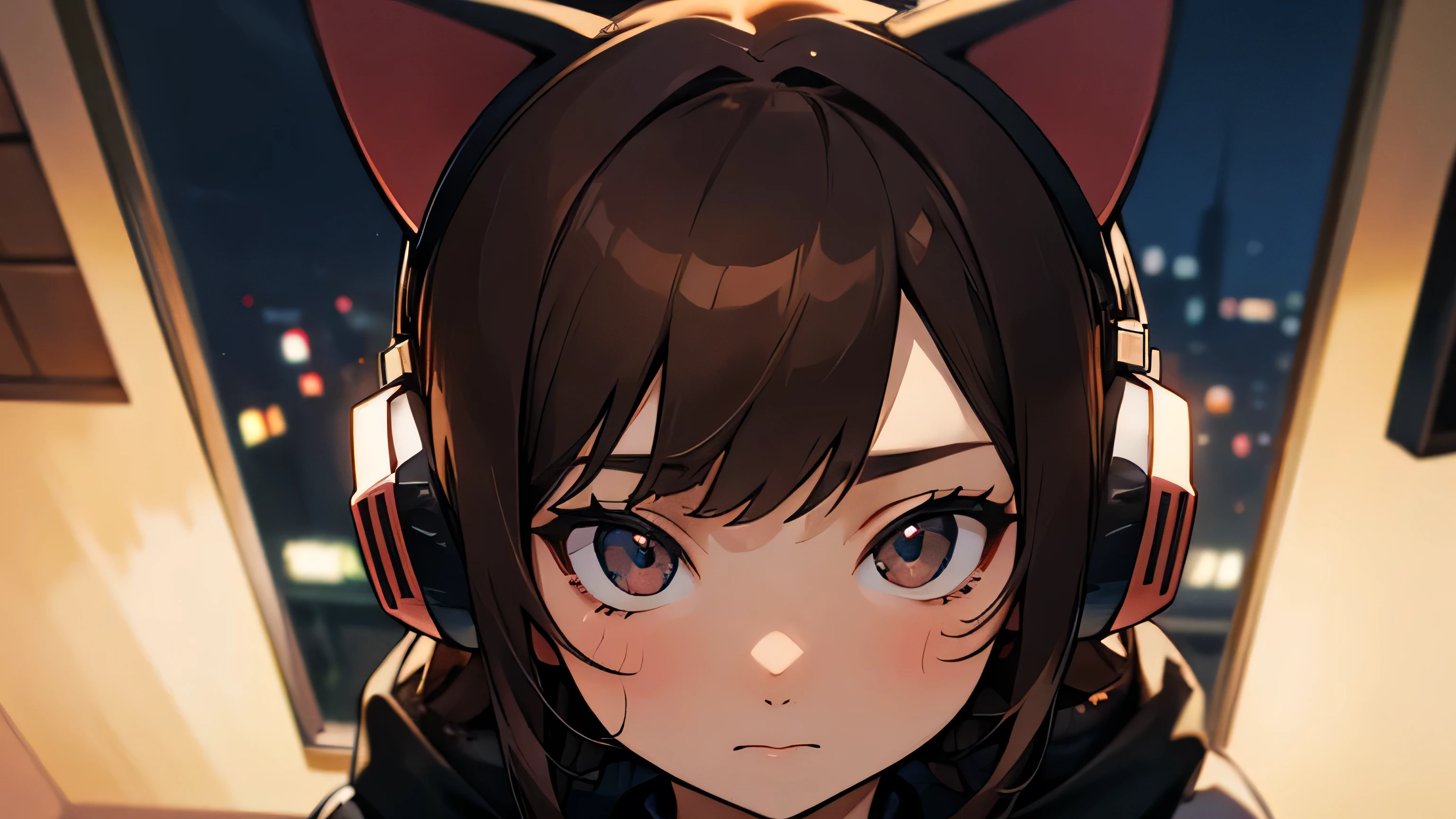 Room with speakers、Cat with headphones、Face close-up、night、Brown Hair、