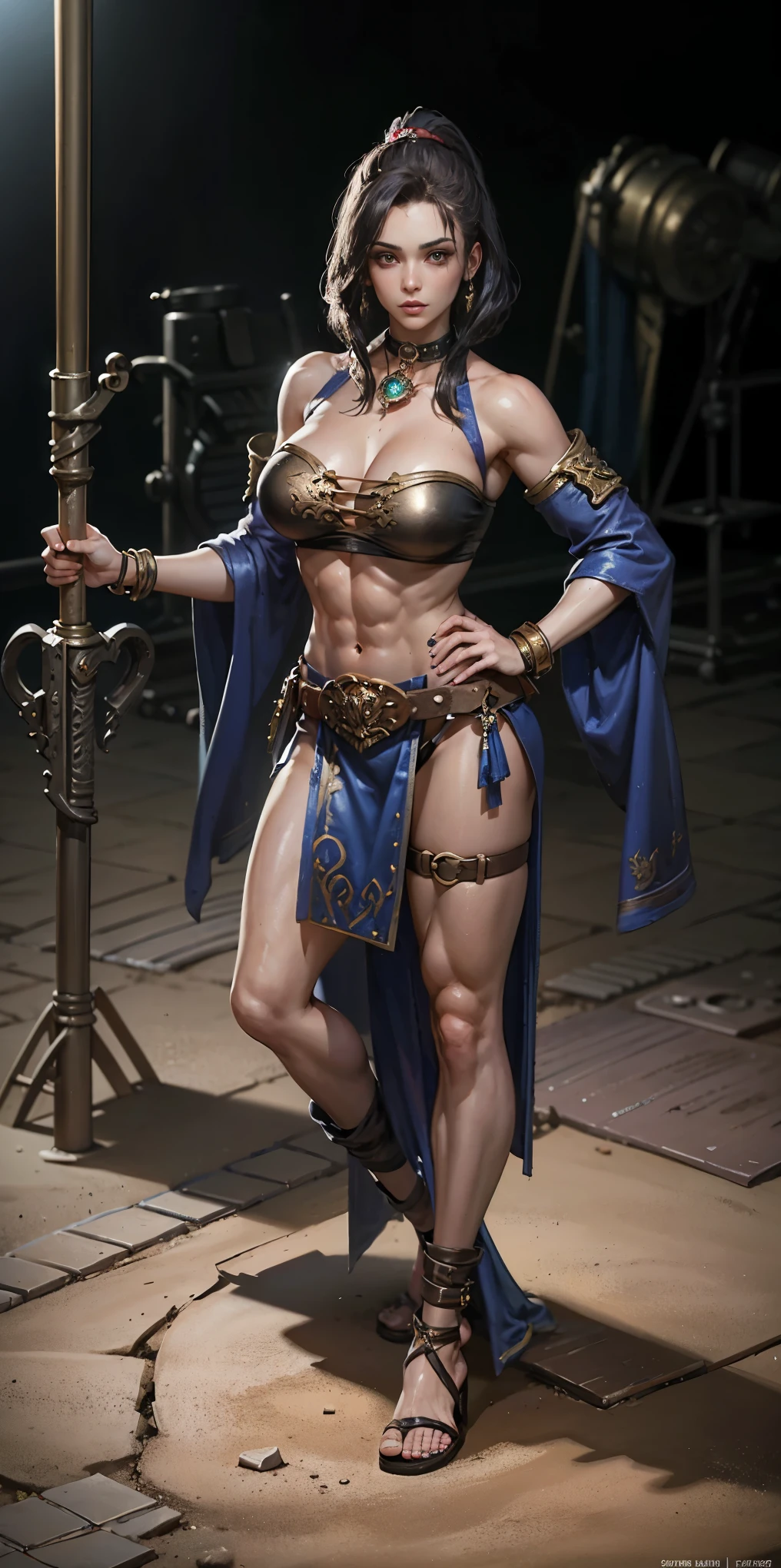 full body toe to head, masterpiece, 1soloMILF BIMBO standing loincloth pose hands on hips, leather collar choker neck bell shackles wristbands bracers bracelets sleeves and stockings, strong body, abs, shiny skin (masterpiece, best quality) 1girlsolo wearing 40K Warhammer sisters of battle whsororitas (plain background)