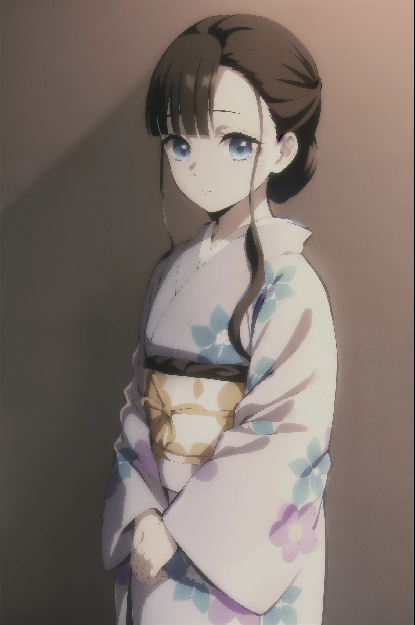 kimetsu no yaiba style,1girl, solo, japanese clothes, kimono, blue eyes, long hair, hair over shoulder, hair tied with a white ribbon, floral print, simple open haori overcoat over kimono, brown hair, upper body, anime coloring, ((masterpiece))