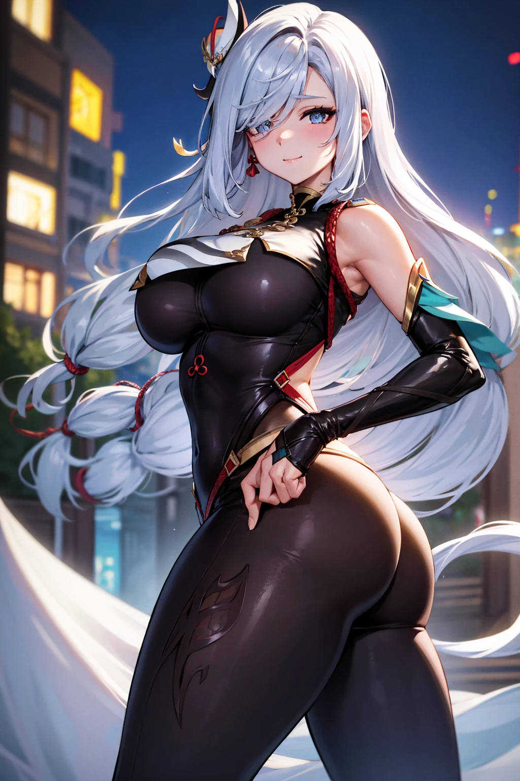 ShenheV4, tight pants, sportswear, butt, seductive, thick thighs, night city view, realistic, best quality, masterpiece, ultra detail, ultra high res, extreme detail, skin tight outfit, seductive, realistic, best quality, masterpiece, ultra detail, ultra high res, extreme detail, 8k, round ass, perfect face, detailed face, extreme detail, voluptuous, realistic, 1girl, solo, long hair, looking at viewer, smile, big breasts, night city background, butt, bare shoulders, tight shirt, closed mouth, portrait, skin tight outfit, silver hair, ass