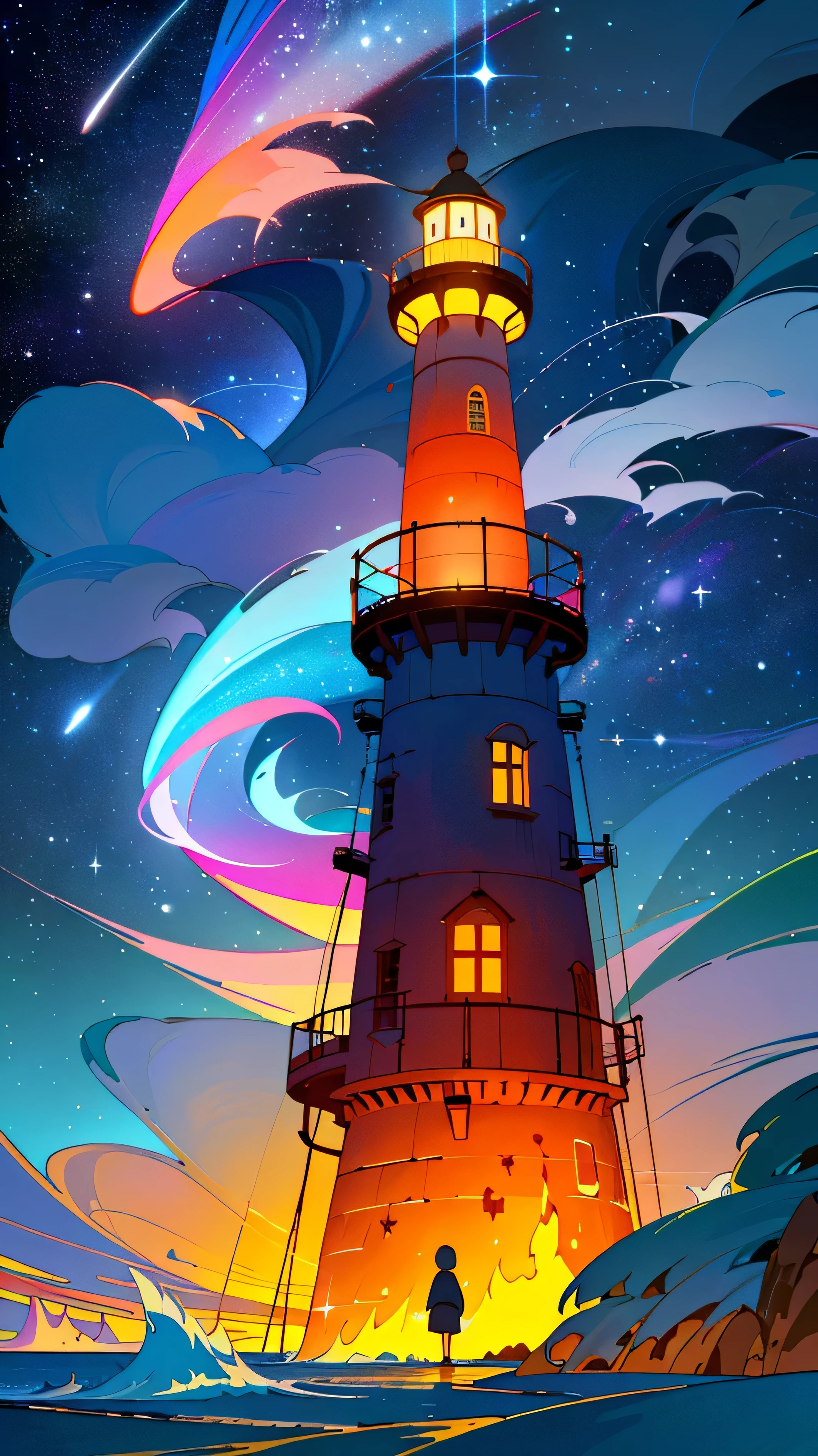Vibrant and dynamic illustrations and vectors showcase a picturesque lighthouse standing tall against the backdrop of a small, enchanting island. The night sky is ablaze with a myriad of stars, including a shooting star adding a touch of magic to the scene. The detailed waves crash rhythmically onto the shore, their vibrant colors blending seamlessly with the dynamic composition of the digital painting.

The lighthouse, bathed in cozy lighting, radiates a Studio Ghibli-inspired aura, transporting viewers to a whimsical atmosphere reminiscent of Hayao Miyazaki's masterpieces. The overall scene is trending on ArtStation,