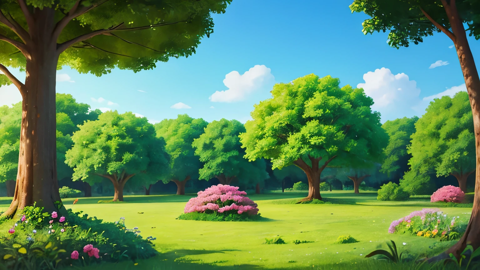 A close up of a lush green park with trees and flowers - SeaArt AI
