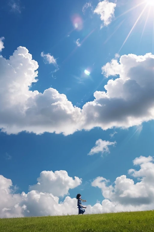 morning、To take a walk。One housewife、 Backwards,From the cloud、Floating in the sky、Hmm、Close-up、In bright light、happiness、Cool morning sun、(spark:0.7) 、