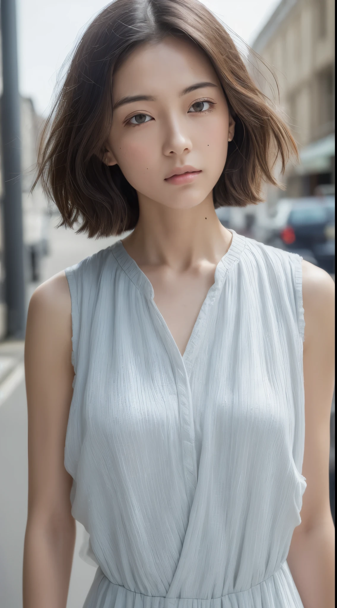 ((Best Quality, 8K, masutepiece :1.3)), Sharp Focus :1.2, Perfect Body Beauty:1.4, Slim abs:1.2, (Short layered hair:1.2)), (Summer dress, Shirt:1.1 ), (Street:1.2), Highly detailed face and skin texture, Fine eyes, Double eyelids, Raised head slightly,Hair flow along the shoulders、