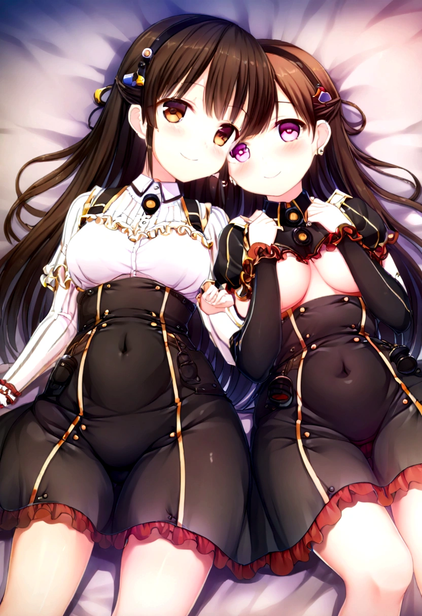 (2 young girls with long hair, Beautiful face and eyes and eyeliner,A delicate little face, pink eyes, Charming smile, (Maid cafe outfit with frilly, Sheer pleated mini skirt:1.5), Skirt turned inside out,(Transparent maid cafe costume with large open breasts and hollow:1.2), Sexy transparent underwear,Underwear exposed,Show belly button, Revealing sexy transparent white panties (very pretty girl), brown hair, Fashion hair accessories quality:1.4), (Extremely detailed),Pendants and earrings、 (Extremely detailed CG unified 8k wallpaper), Very detailed, High-resolution original color photos, Professional photography, Depth of Field, (Lying in bed)