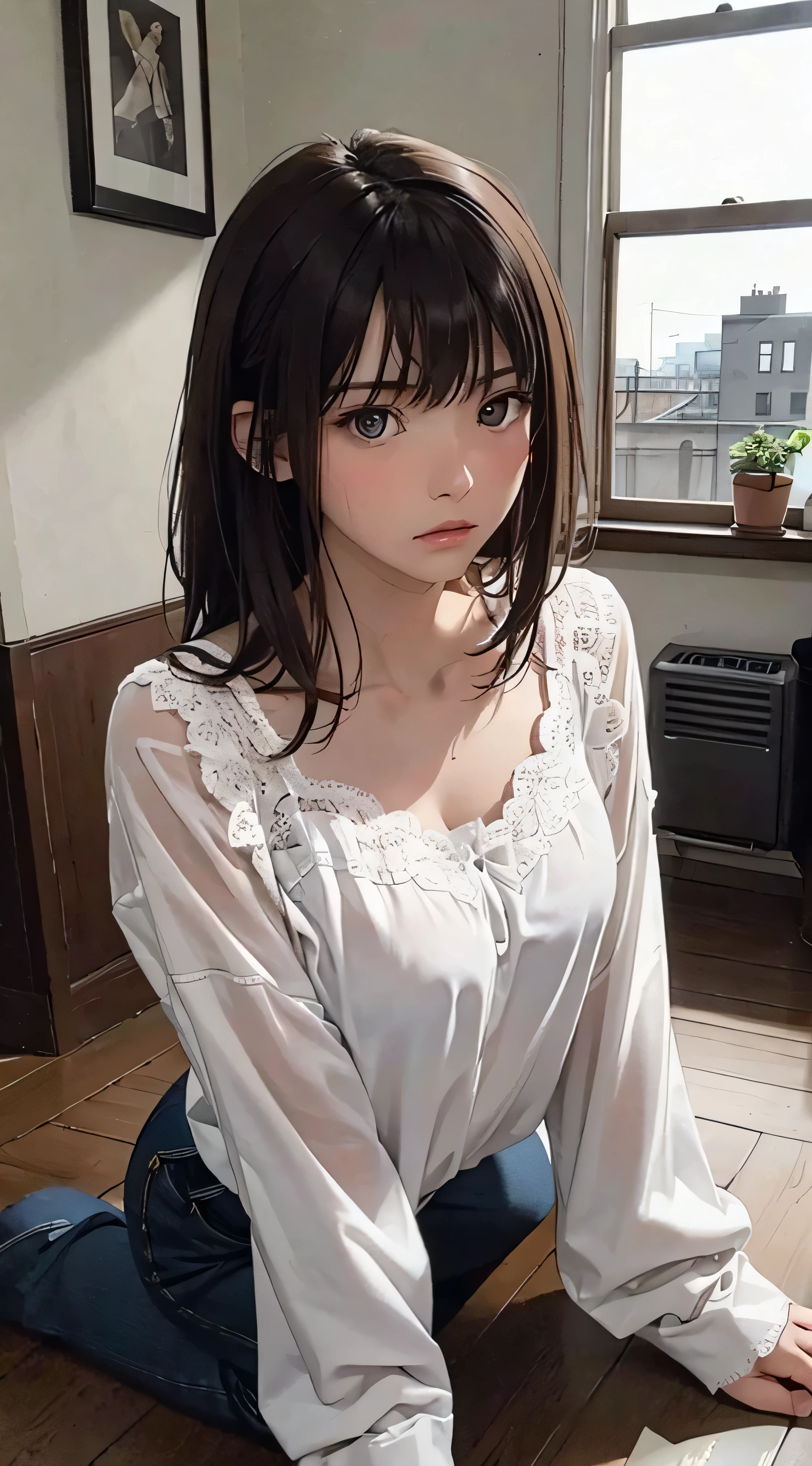 (One girl:1.3), Cinematic Light,  (masterpiece, highest quality, highest quality, Official Art, beautifully、aesthetic:1.3), Very detailed,Most detailed,(Super detailed),((Very delicate and beautiful)), ((Dark Night、Crouch on the floor of an apartment)), From above, alone, chest, Silky long hair, (Brown Hair), Casual clothing, Pink lace innerwear, Open chest, 26 years old, Unsettled Gaze, Torn clothes, Concerned, Embarrassing, (look up:1.4)