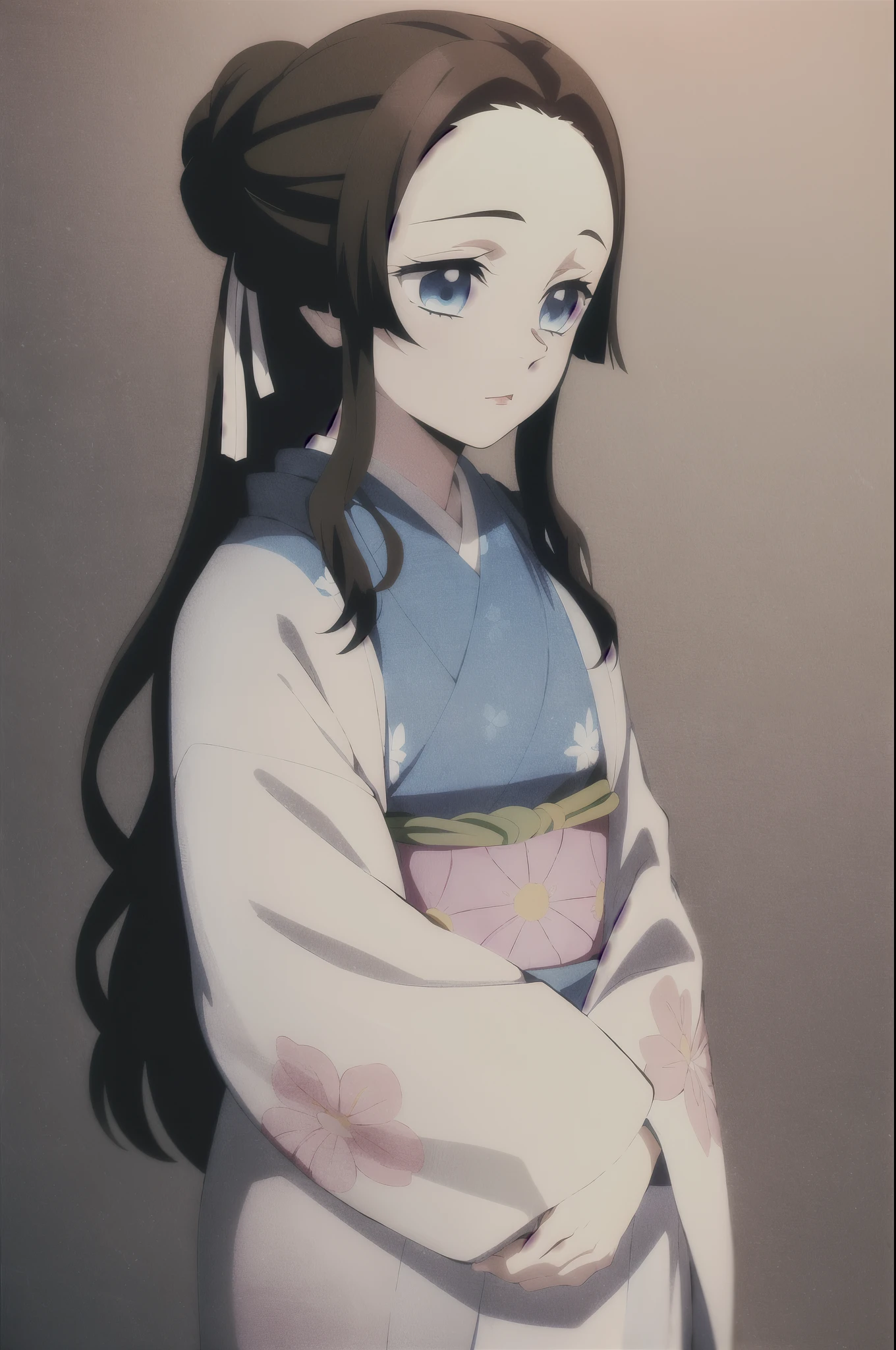 kimetsu no yaiba style,1girl, solo, japanese clothes, kimono, blue eyes, long hair, hair over shoulder, hair tied with a white ribbon, floral print, simple open overcoat over kimono, brown hair, upper body, anime coloring, ((masterpiece))