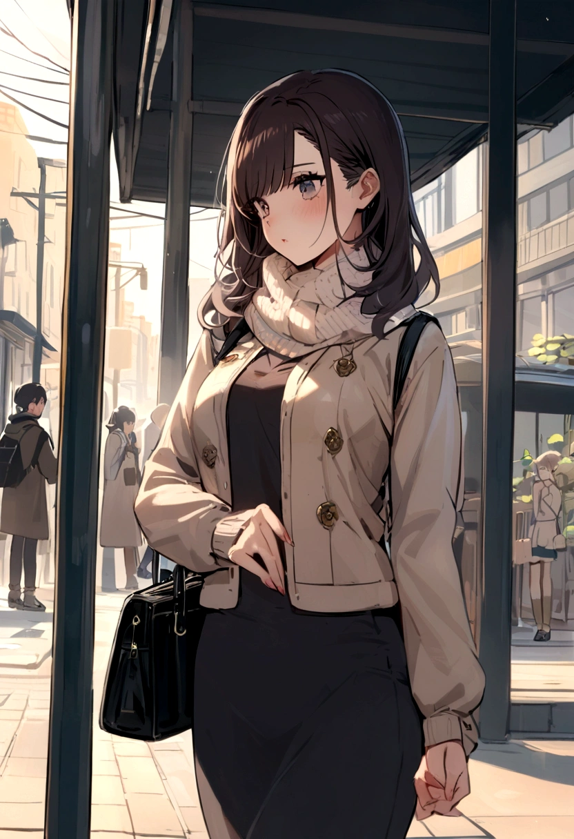 Girl waiting at the bus stop A dark-haired muffler