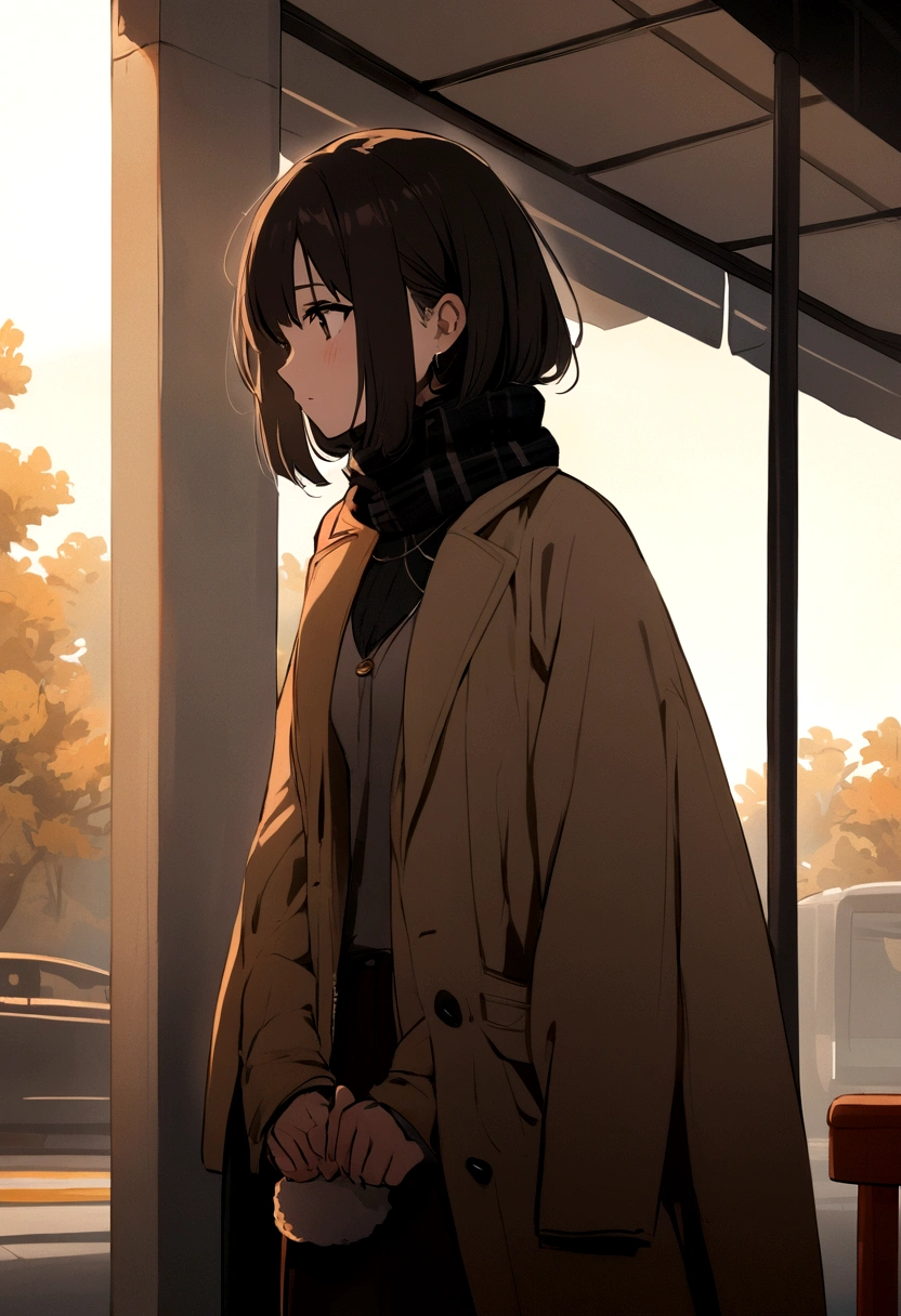 Girl waiting at the bus stop　A dark-haired　muffler