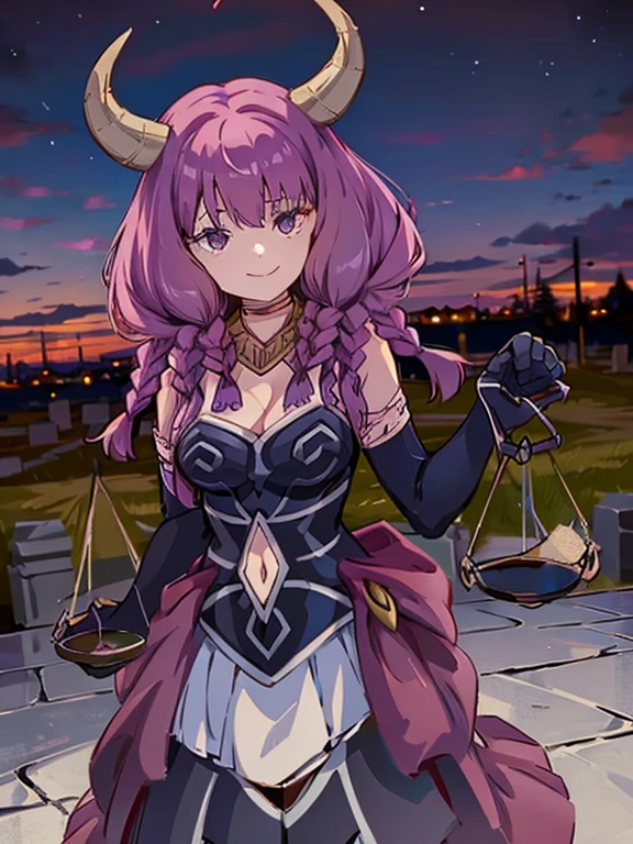 confident smile,bright eyes,big smile, AURA, HORNS, LONG HAIR, LOOKING AT VIEWER, BRAID, GLOVES, TWIN BRAIDS, ELBOW GLOVES, NAVEL, BLACK GLOVES, CLEAVAGE, NAVEL CUTOUT, CLOTHING CUTOUT, SKIRT, BARE SHOULDERS, LARGE BREASTS BREAK Create a haunting and atmospheric image of a graveyard at night, with tombstones shrouded in mist and eerie moonlight casting long shadows.