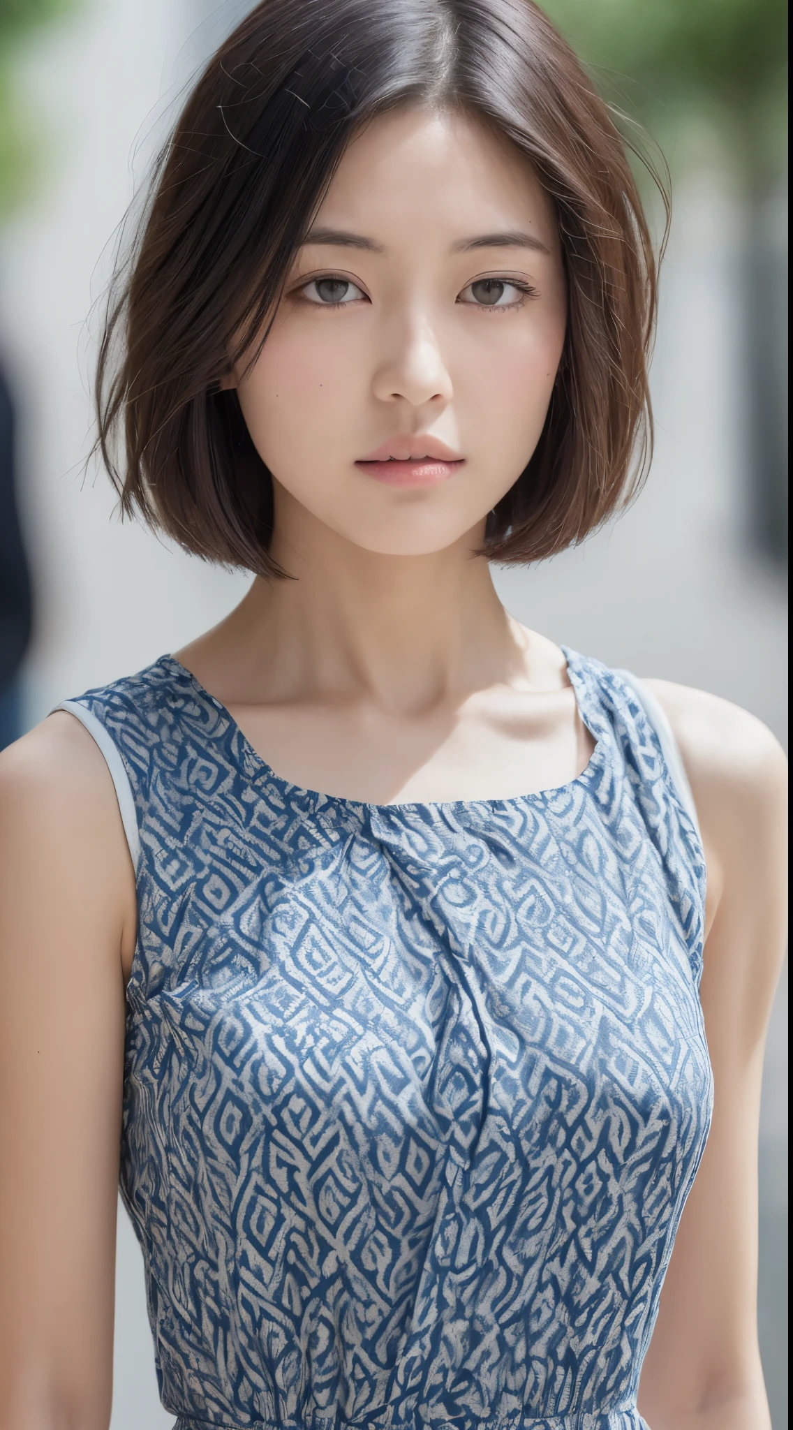 ((Best Quality, 8K, masutepiece :1.3)), Sharp Focus :1.2, Perfect Body Beauty:1.4, Slim abs:1.2, (Short layered hair:1.2)), (Summer dress, Shirt:1.1 ), (Street:1.2), Highly detailed face and skin texture, Fine eyes, Double eyelids, Raised head slightly,Hair flow along the shoulders、