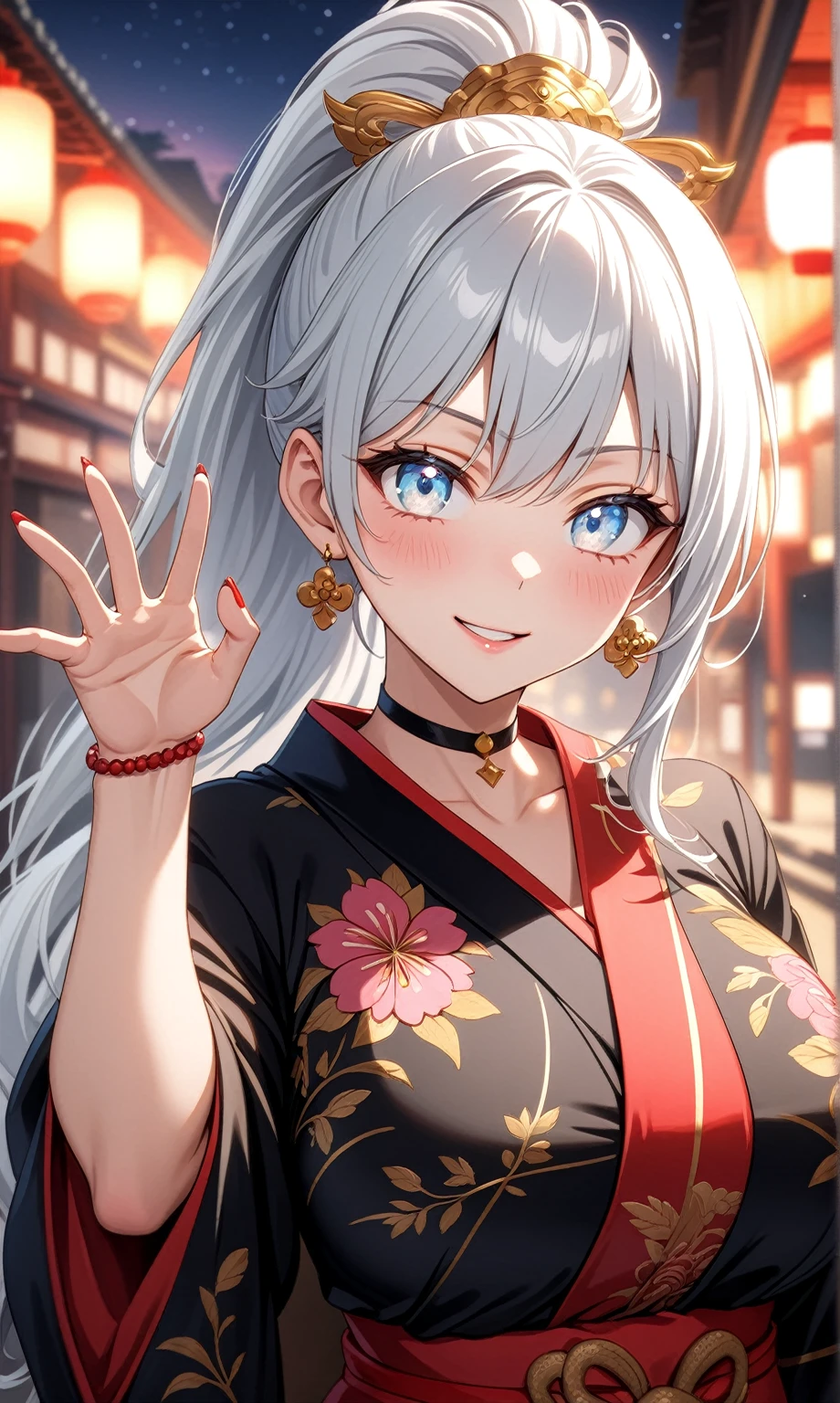 ((one personの女性)), Beautiful Face,((Wink:1.8)),(a woman making a cute hand sign. She is placing both hands on her head, with a playful smile),(Bright red cheeks:1.4),Laughing embarrassedly,Laughing with your mouth open,Glossy pink lips,Lighting on the face,night,night景の見える屋上,Colorful fireworks,((Anime style background)),masterpiece, highest quality, so beautiful, Latest, Complex details, (Pink long nails),(ring),(bracelet),(choker),AI-generated, Complex,High resolution, highest quality, super high quality,3D Images、View your viewers、3D Images,one person,Long white hair,High Ponytail,(blue eyes),Anime woman posing for a photo, ((Fine grain、Silvery white colorful eyes、Shining Eyes:1.2)),(Squint your eyes:1.1),a hyperRealistic , hyperRealistic , Realistic,Anime woman with long and white hair, Smooth anime CG art, A woman in a colorful kimono with gold embroidery, (Black kimono),Red floral pattern,Long flower hair ornament,Big earrings,Mature Body,(Big Breasts:1.2),Tall,Abdominal muscles,Narrow waist,(Zoom in on face:1.1),