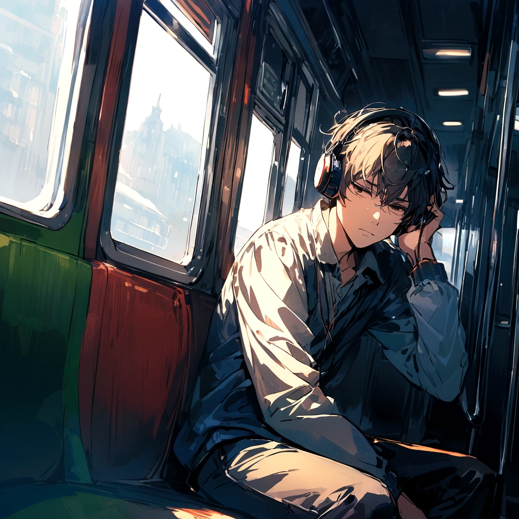 sad boy wearing headphone, sitting next to a window of a train