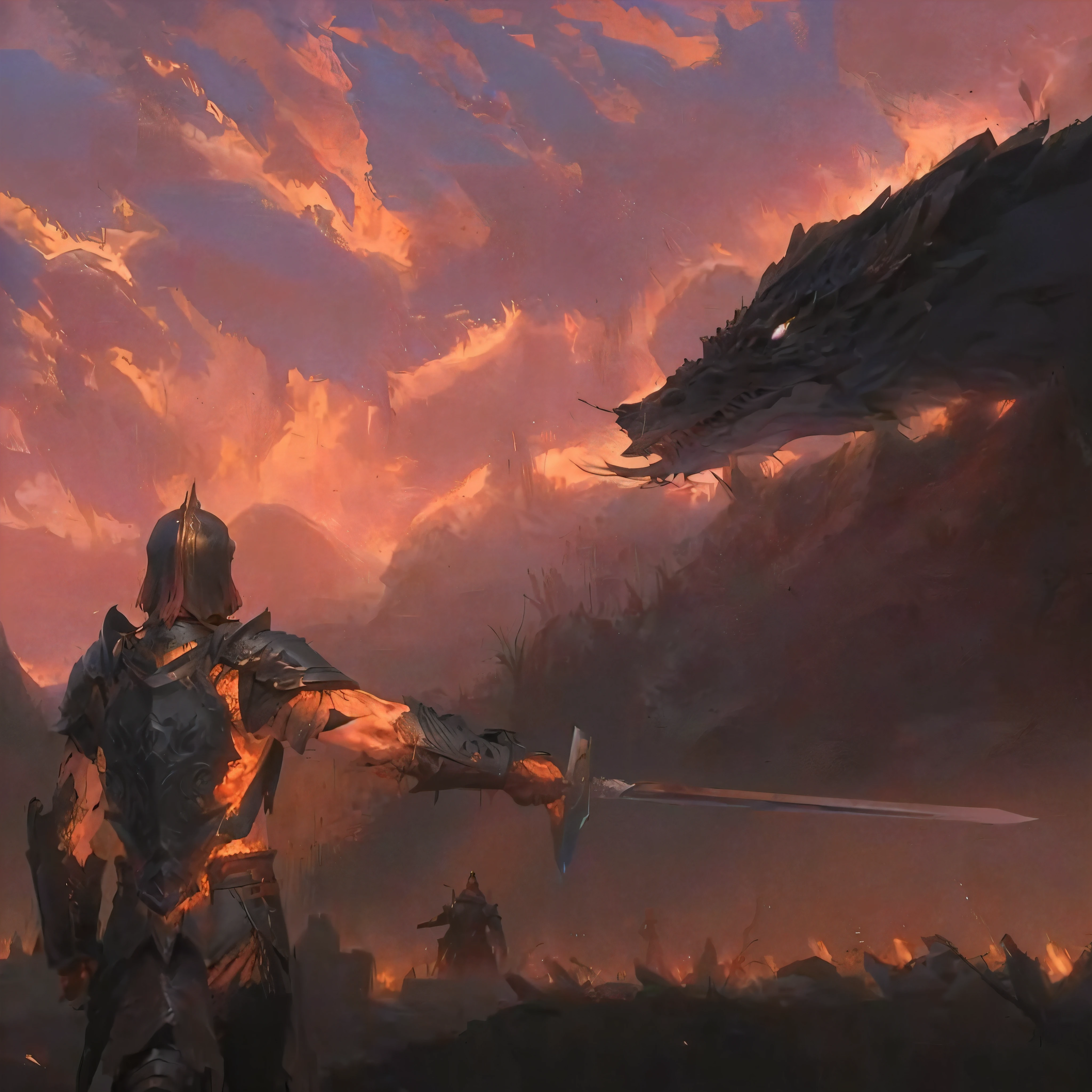 A knight holding a sword, Standing in front of the fiery red sky with his back to the camera, There is a Chinese dragon in the sky on the right, Epic fantasy artwork, Epic Fantasy Game Art, 4k fantasy art, Epic fantasy art, concept art wallpaper 4k, A man wearing a coat、Man holding a sword walking on the battlefield, epic beautiful art, Medieval style, Epic RPG Portrait, Stunning character art, fighting background, Wide battlefield, Alone, Back，Back of a man on the battlefield, The flames spread, The fire burst into the sky, The war is raging, wounded, Blood, Weapons scattered on the ground, Top quality, Best quality, masterpiece, The most detailed, rich and colorful, war