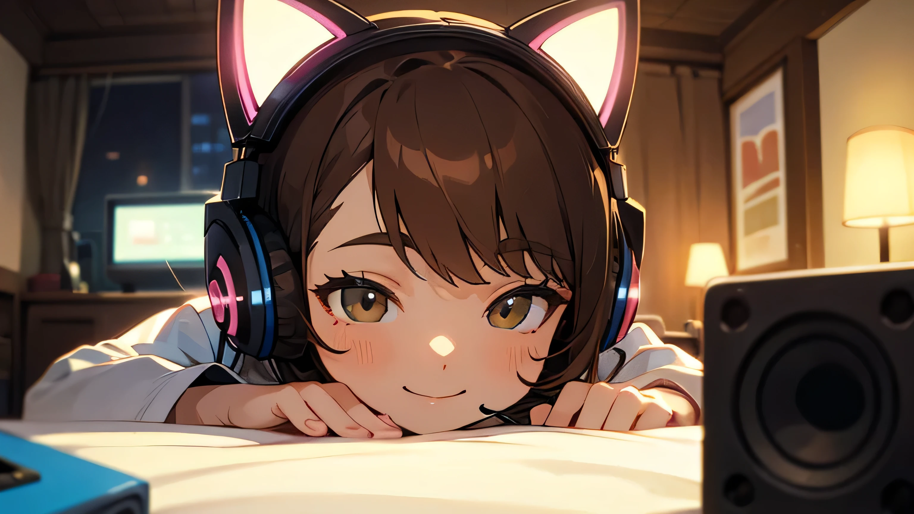 Room with speakers、Cat with headphones、Face close-up、night、Brown Hair、smile