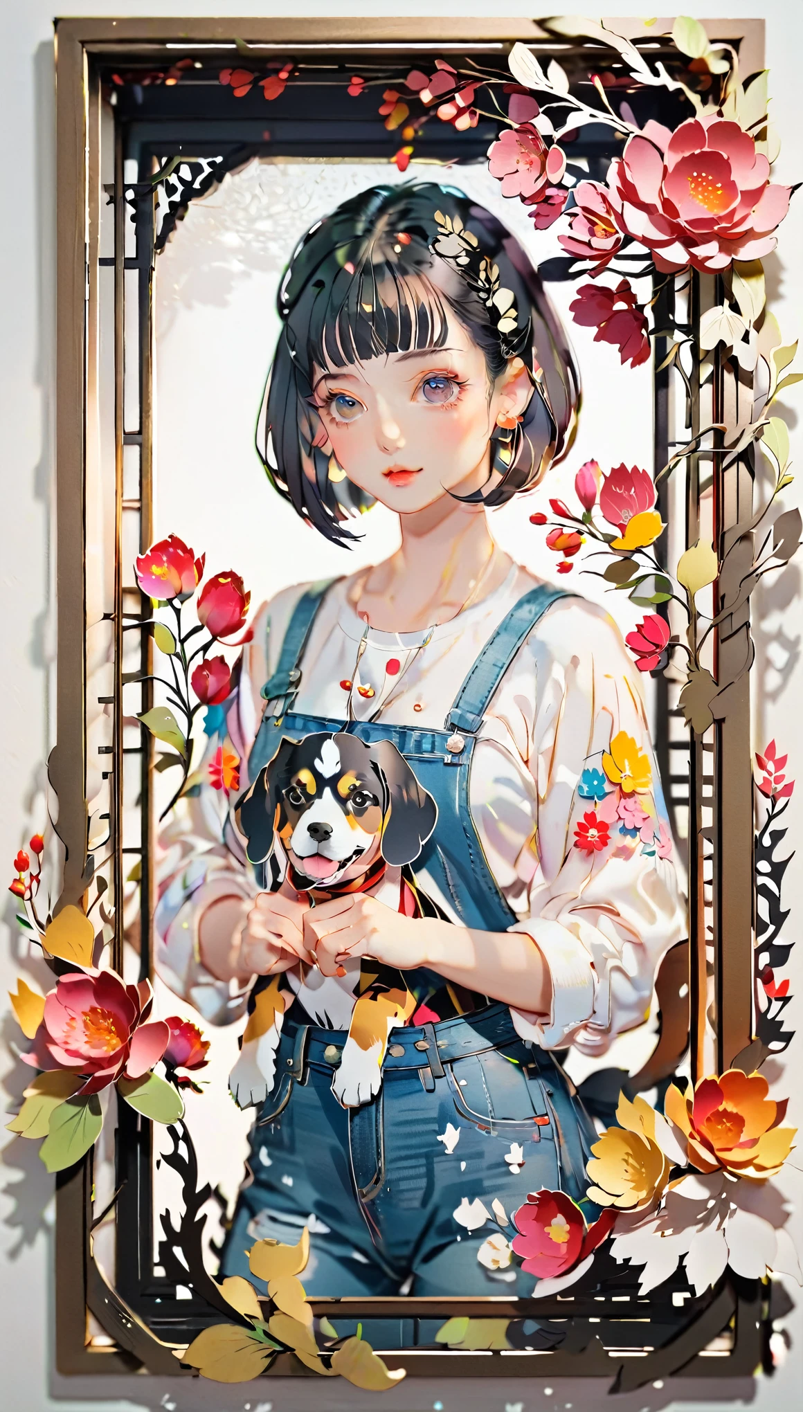 (((paper cutting style))), (frame of illustration is 3D paper cutting: 1.2), (colorful), 1 girl, black short hair, bob cut, denim, shirts, 1 dog with girl