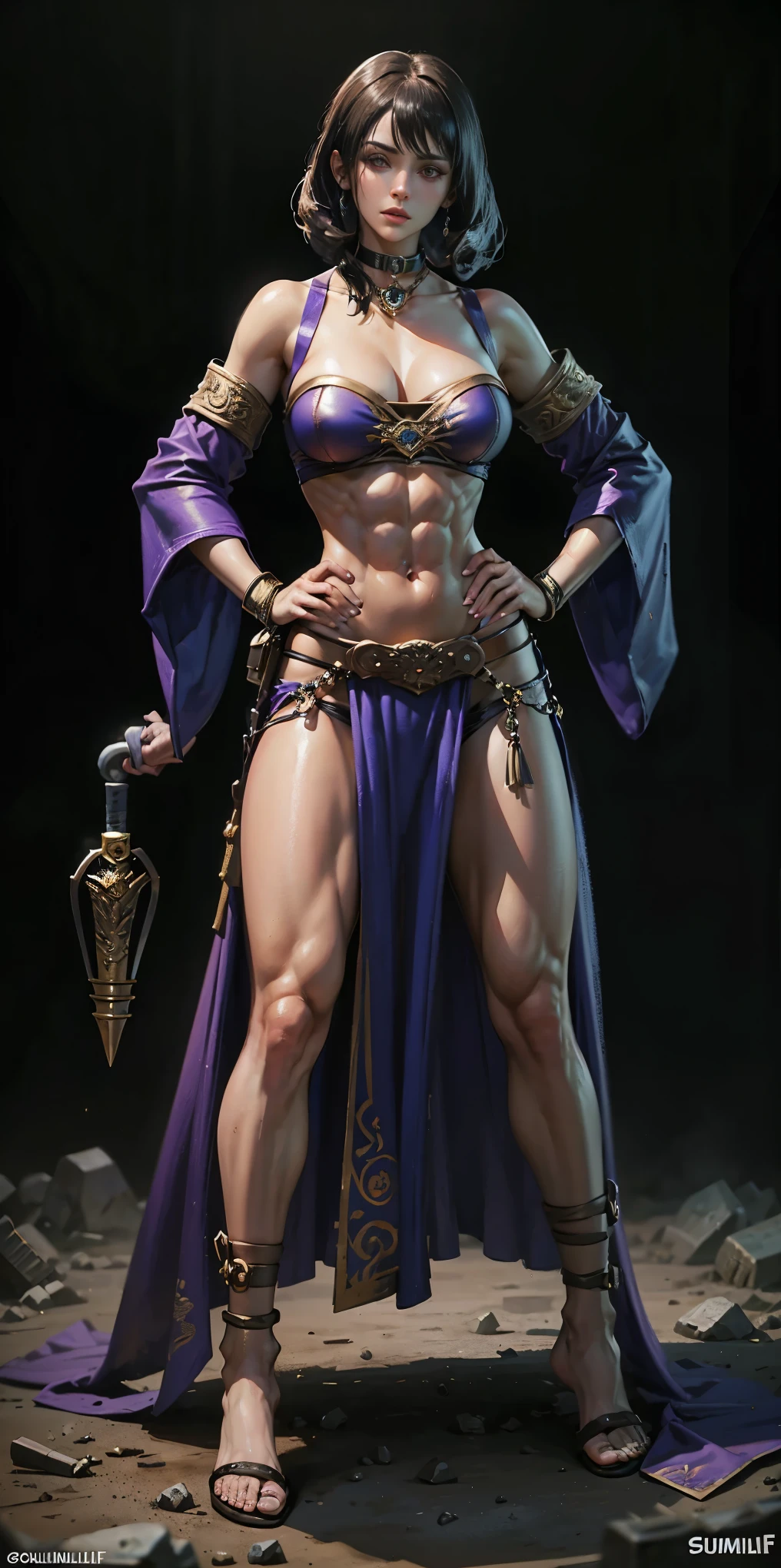 full body toe to head, masterpiece, 1soloMILF BIMBO standing loincloth pose hands on hips, leather collar choker neck bell shackles wristbands bracers bracelets sleeves and stockings, strong body, abs, shiny skin (masterpiece, best quality) 1girlsolo wearing 40K Warhammer sisters of battle whsororitas (plain background)