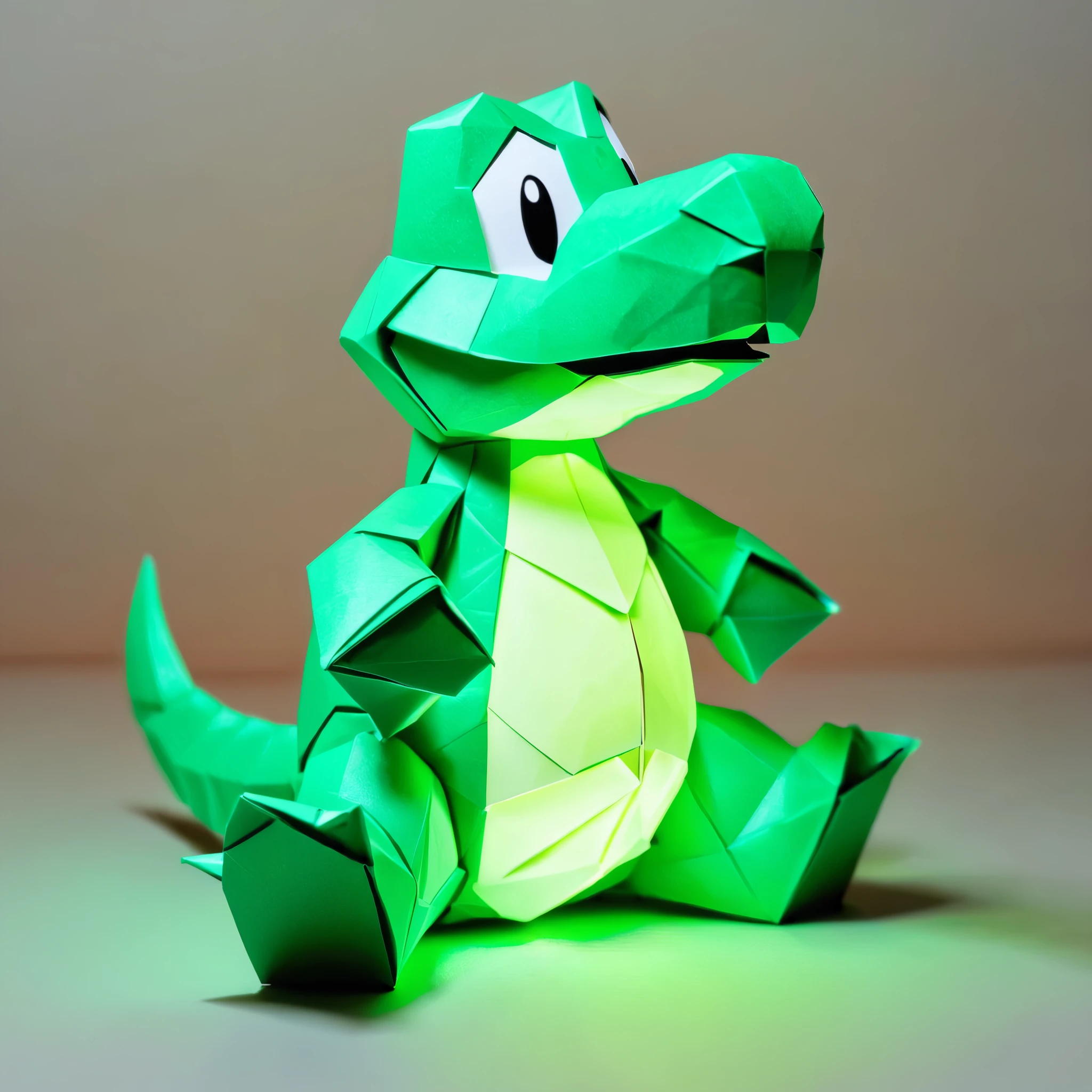 Create an amazing image of Yoshi from Super Mario using the (Glowing Origami art style:1.6)