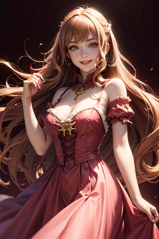 A beautiful smiling vampire in medieval times wearing a pink dress with red and yellow eyes, light brown long curls