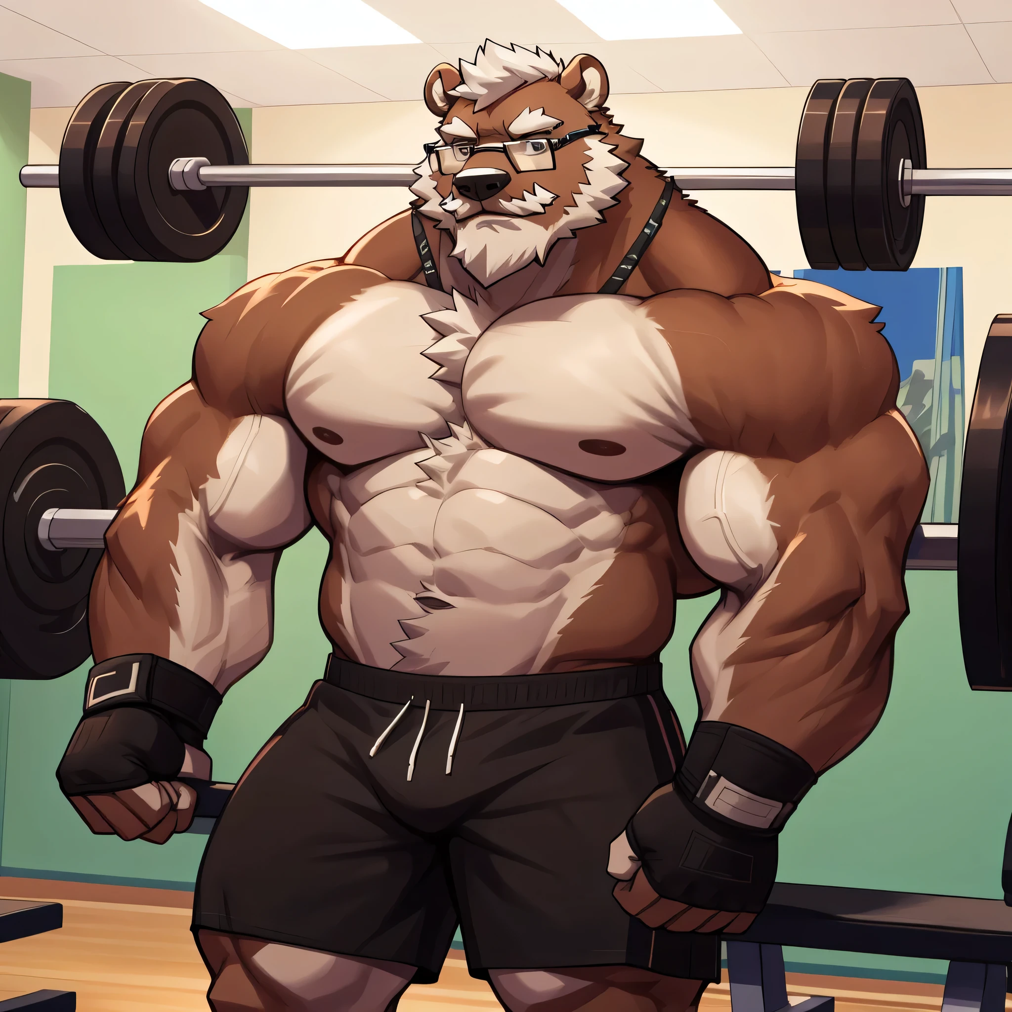 solo, 1boy, Huge Muscular Old Grizzly Bear wearing glasses , pectoral, huge pectoral, wide pectoral, short white hair, short pants black wristbands and shirtless topless, bearded, Mustache, gym background, masterpiece, high detailed, 8k, high resolution, horizontal, at the gym, exercising arms, lifting weights, bench press curls