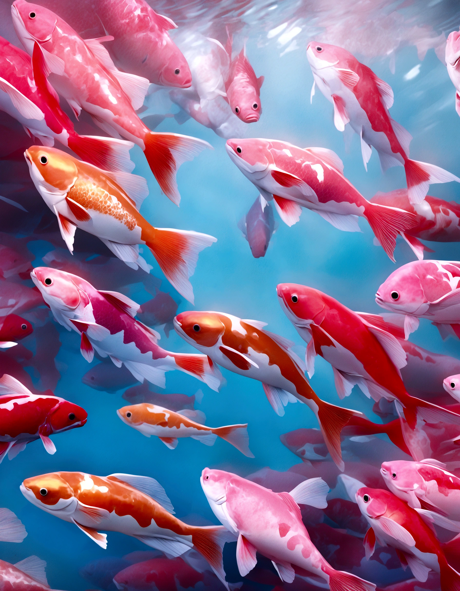 two pink fish swimming in a pool of clear water, a photorealistic painting by Anna Haifisch, tumblr, photorealism, pink reflections, floating koi fish, fishes swimming, fishes, koi fish, pink zen style, pink hues, koi fishes, fish swimming, pink vibe, koi colors, vibrant pink, koi, very aesthetic!!!!!!!!!!!!!!!