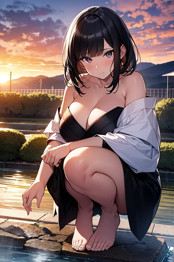 Ultra-high resolution, highest quality, photograph, 4K, (Realistic:1.4), girl, Black Hair,nude,Huge pubic hair,From the waist up,masterpiece,Very detailed,{{Coarse pubic hair}},short hair,20-year-old, Japanese,to attract attention,hot spring,sunset,{Perfect Face},squatting,