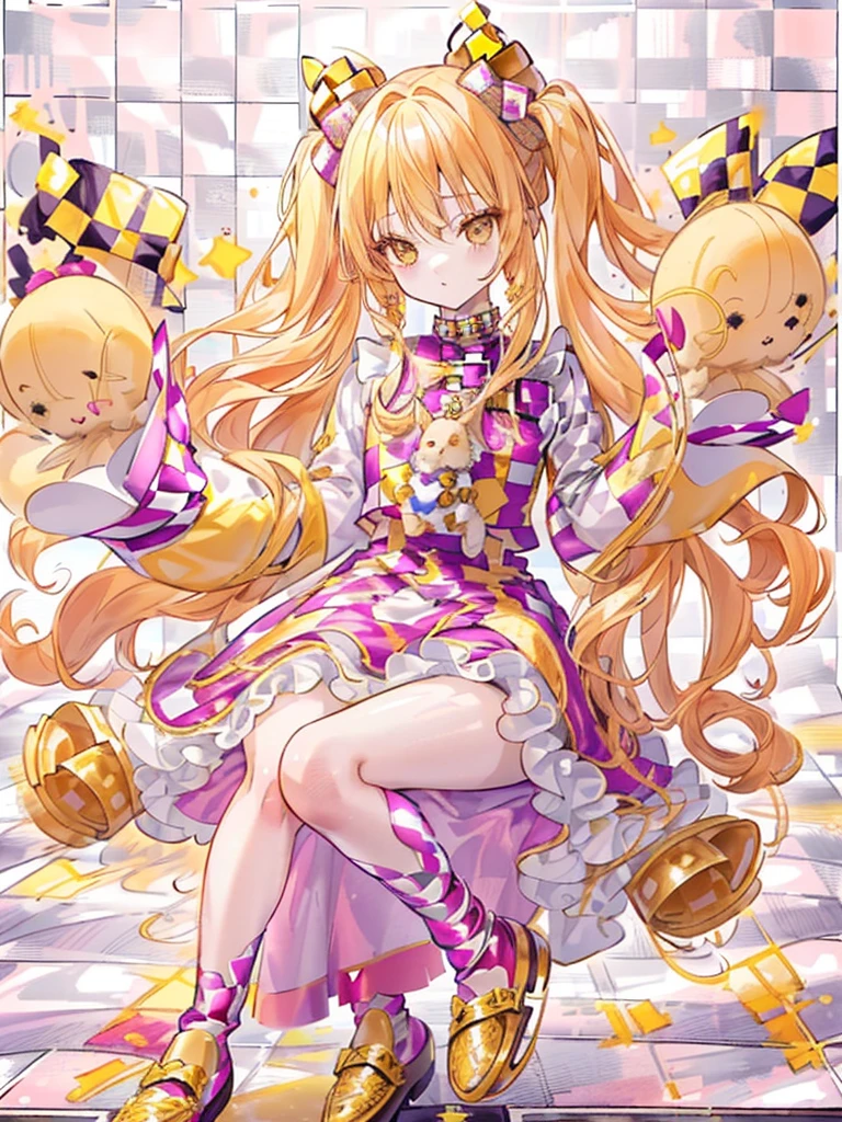 girl,Bright golden hair,Curly long hair,break//(Double sleeve long sleeve),((Clothes with lots of frills)),(Shiny and cute loafer shoes),((break//)),((Checkered Background:1.6)),Face close-up,(Holding a stuffed rabbit)