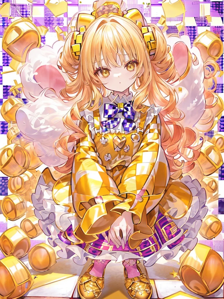 girl,Bright golden hair,Curly long hair,break//(Double sleeve long sleeve),((Clothes with lots of frills)),(Shiny and cute loafer shoes),((break//)),((Checkered Background:1.6)),Face close-up,(Holding a stuffed rabbit)