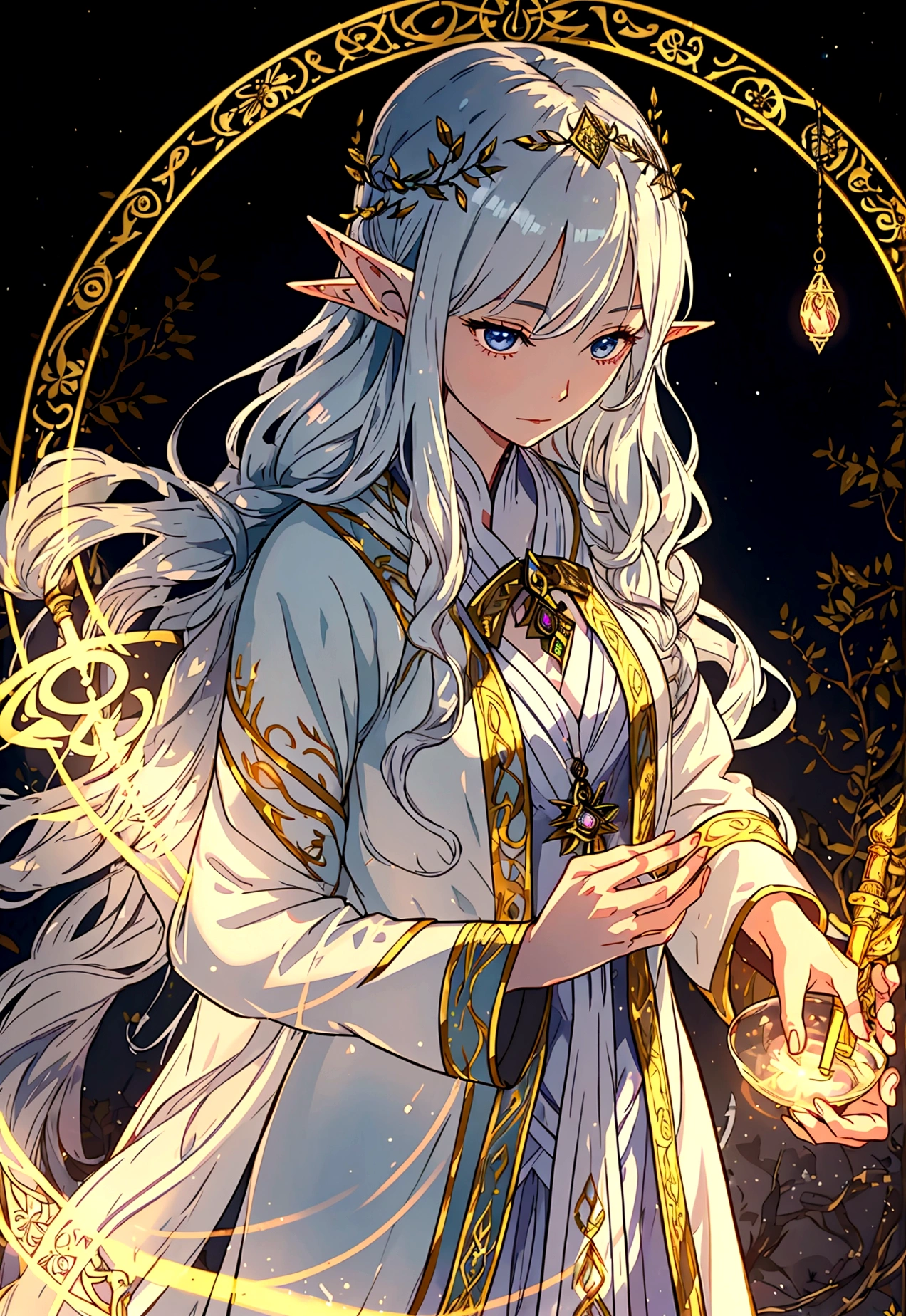 A woman with long silver hair、Middle-parted female elf,Sunlight shining through the forest。The female elf wears a gorgeous embroidered robe,In his hands he held a bottle of potion and a beautifully carved staff.,There is a glowing magic circle in the background. The magic circle is written in elven script.