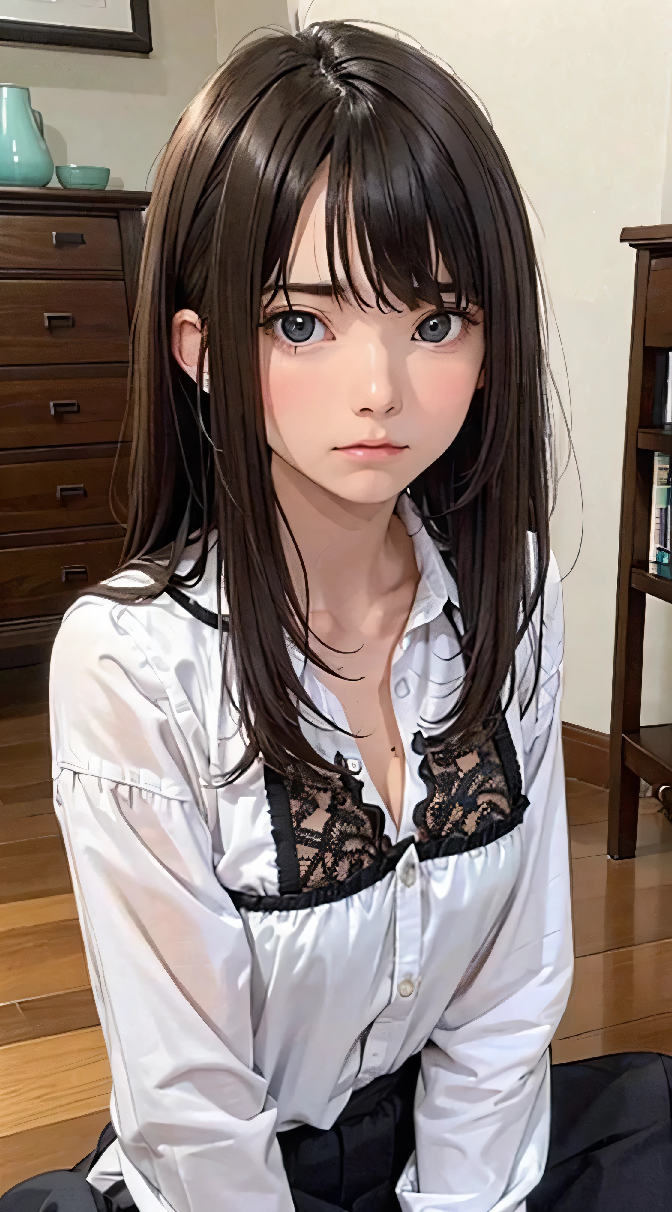 (One girl:1.3), Cinematic Light, (masterpiece, highest quality, highest quality, Official Art, beautifully、aesthetic:1.3), Very detailed,Most detailed,(Super detailed),((Very delicate and beautiful)), ((Dark Night、Crouch on the floor of an apartment)), From above, alone, chest, Silky long hair, (Brown Hair), Casual clothing, Pink lace innerwear, Open chest, 19 years old, Unsettled Gaze, Torn clothes, Concerned, Embarrassing, (look up:1.4)