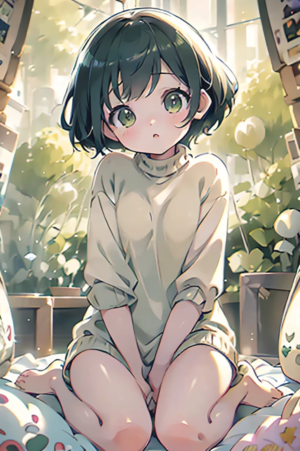, short hair, cute, bright green eyes, is looking at the viewer, long sweater, bare legs, perfect anatomy, Careful anatomy, perfect fingers, well-drawn art, anatomy, 8k, artwork, illustration, realistic light, rtx,