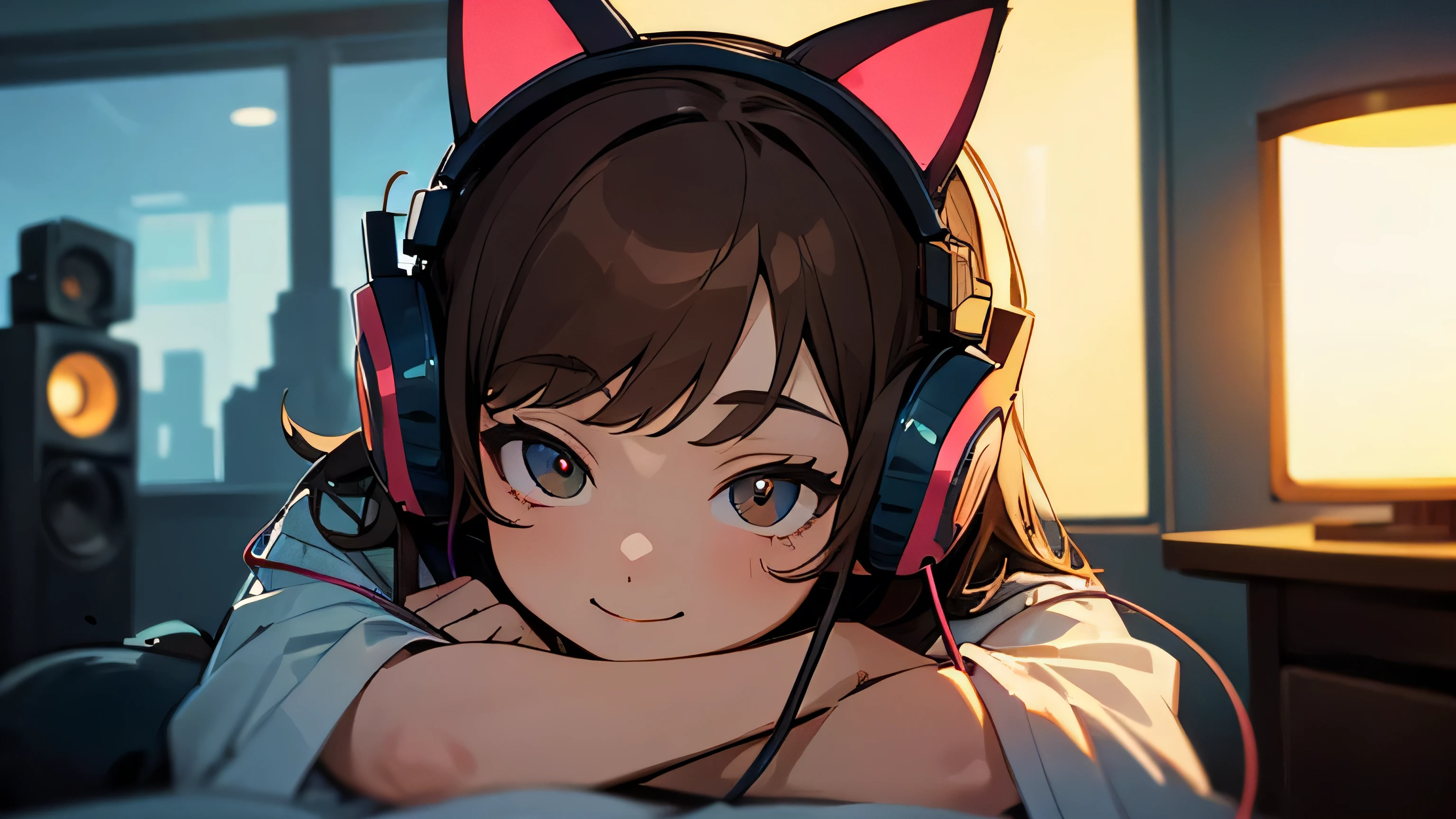 Room with speakers、Cat with headphones、Face close-up、night、Brown Hair、smile