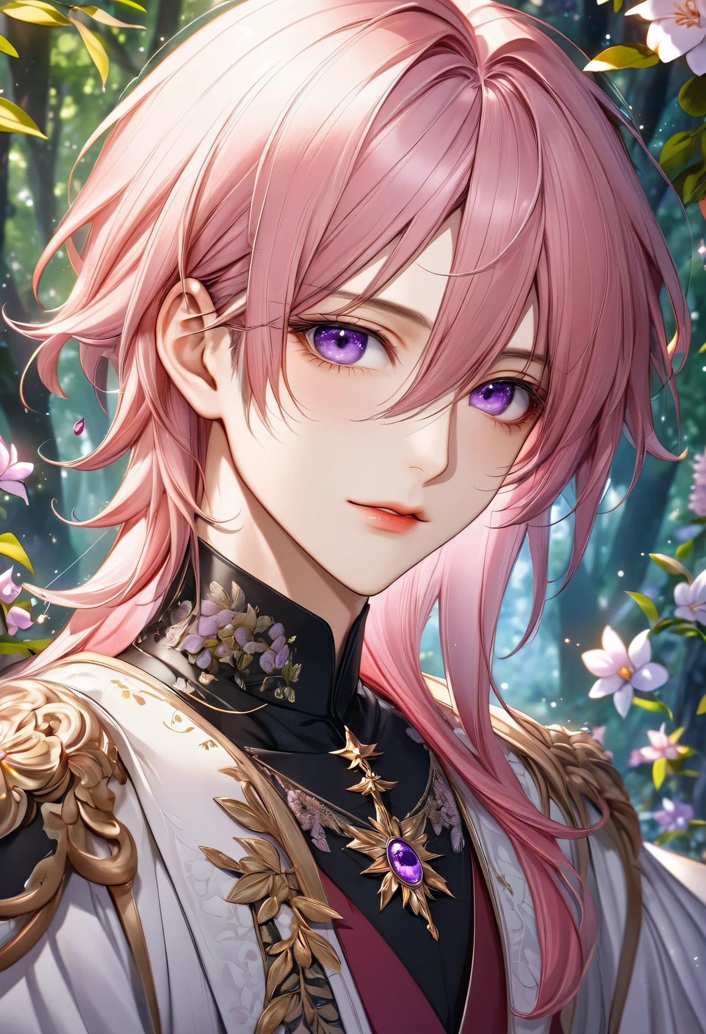 (highest quality,8k,CG),Upper body details, Adult male、,Floral forest background,Complex facial features,Elegant long pink hair,big, Almond-shaped purple eyes,Detailed eye makeup,Long eyelashes,、Twinkling Star,Exquisite lip detail,Soft and harmonious style.