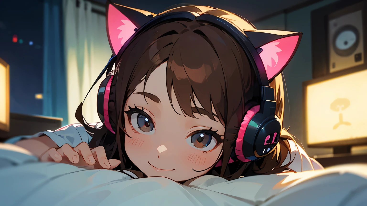 Room with speakers、Cat with headphones、Face close-up、night、Brown Hair、smile