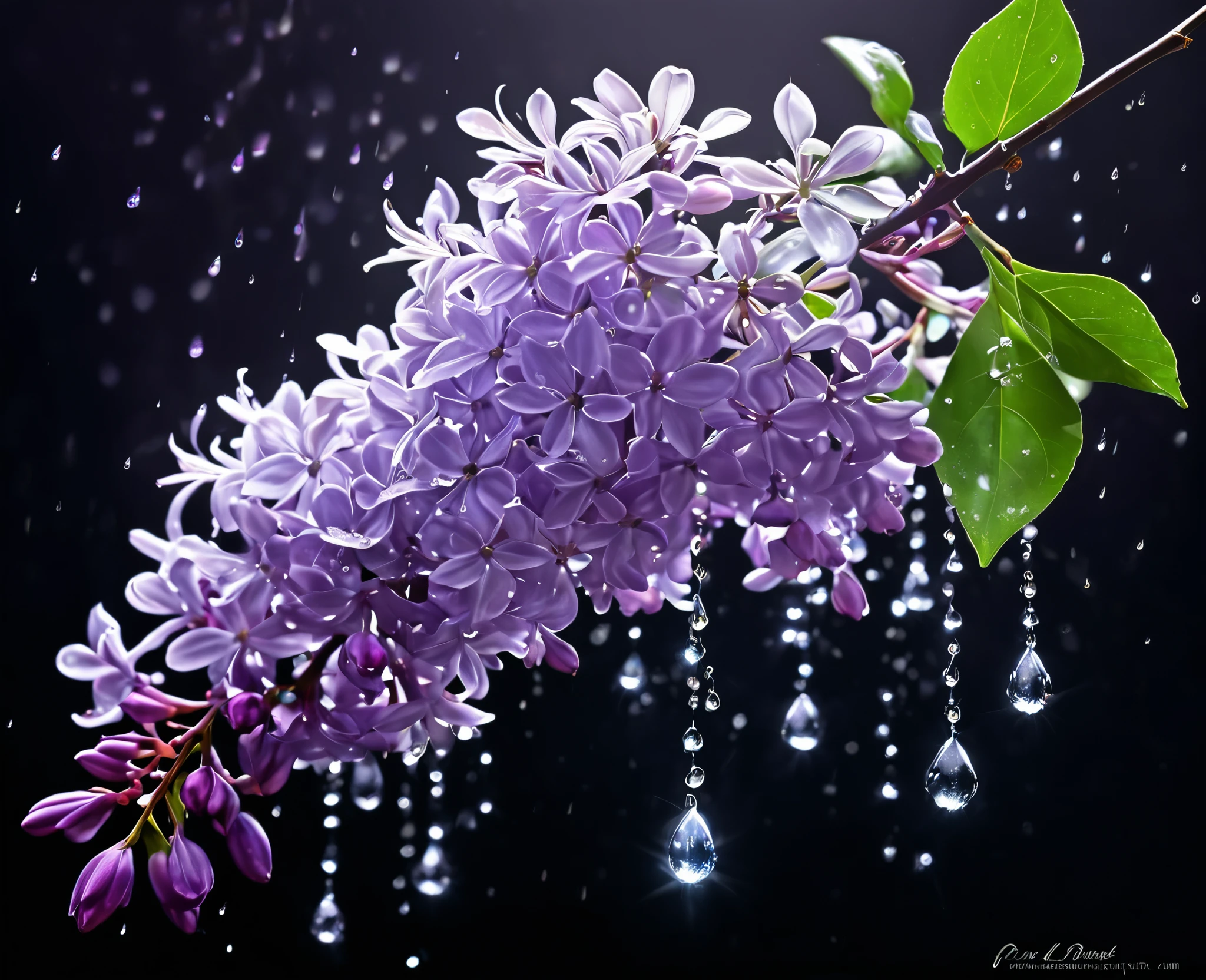 branch of delicate lilac flowers, super transparent, holy light, beautiful spectral light, petals glow, flashing, dark background, drops of transparent light, reflective light, bright, light streaming in, optics, portrait profile, sharp focus, magical, intricate, ultra realistic, fantasy, composition, light, trend on artstation, pearl, patronus cloud of silvery vapor, corrosive enveloping ray family, 8k, ureal ar 23v4 uplight