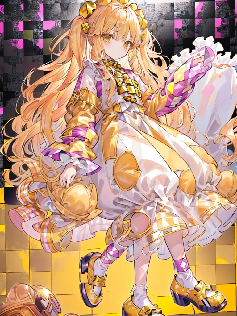 girl,Bright golden hair,Curly long hair,break//(Double sleeve long sleeve),((Clothes with lots of frills)),(Shiny and cute loafer shoes),((break//)),((Checkered Background:1.6)),Face close-up,(Holding a stuffed rabbit)