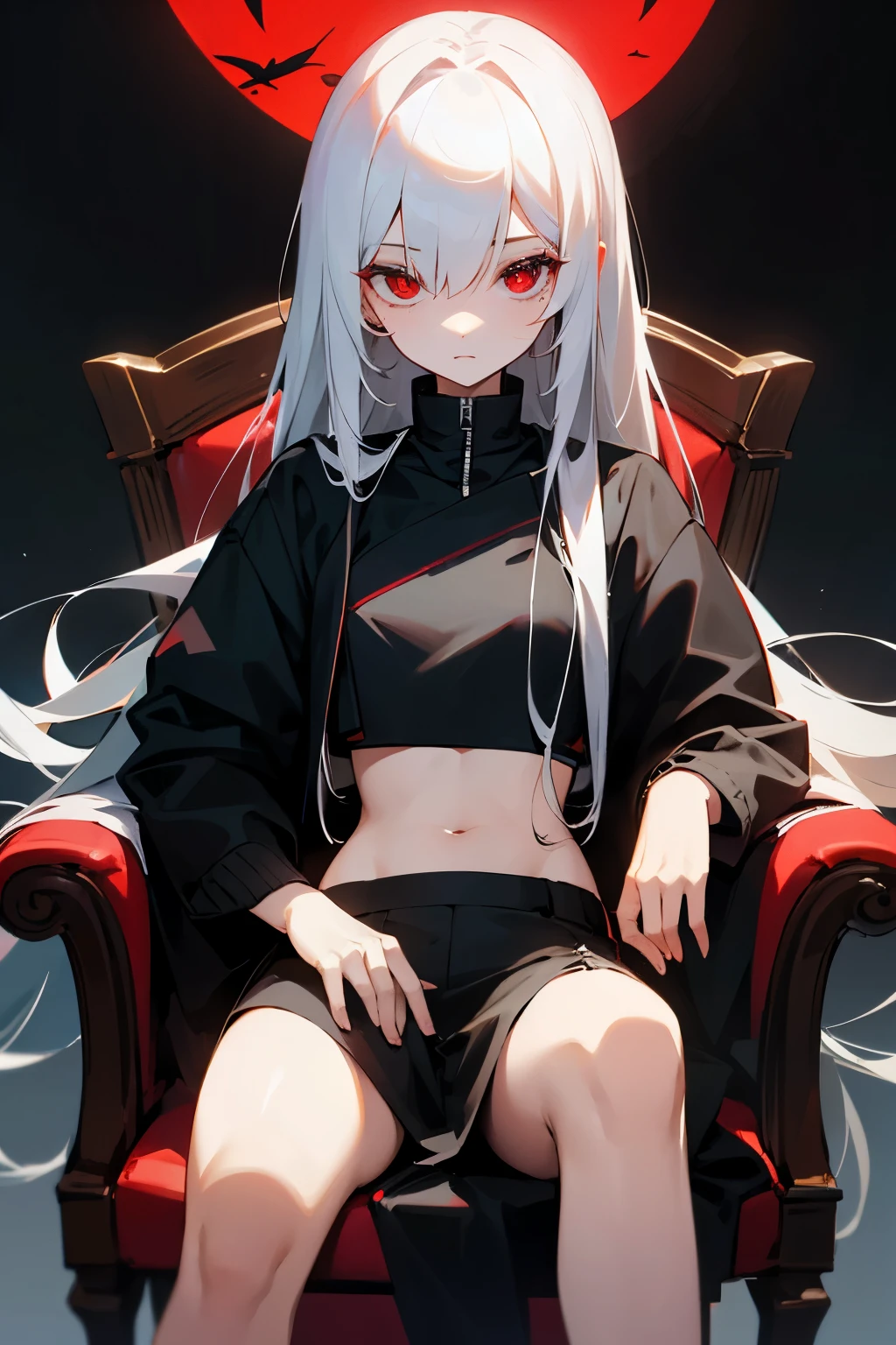 Slender, white long hair, red eyes, croptop, black jacket, masterpiece, very precise, very beautiful, sitting on a chair