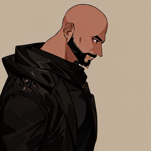 He is black, bald, black eyes, goatee 1,80 tall, 23 years old wearing a leather blouse and black pants