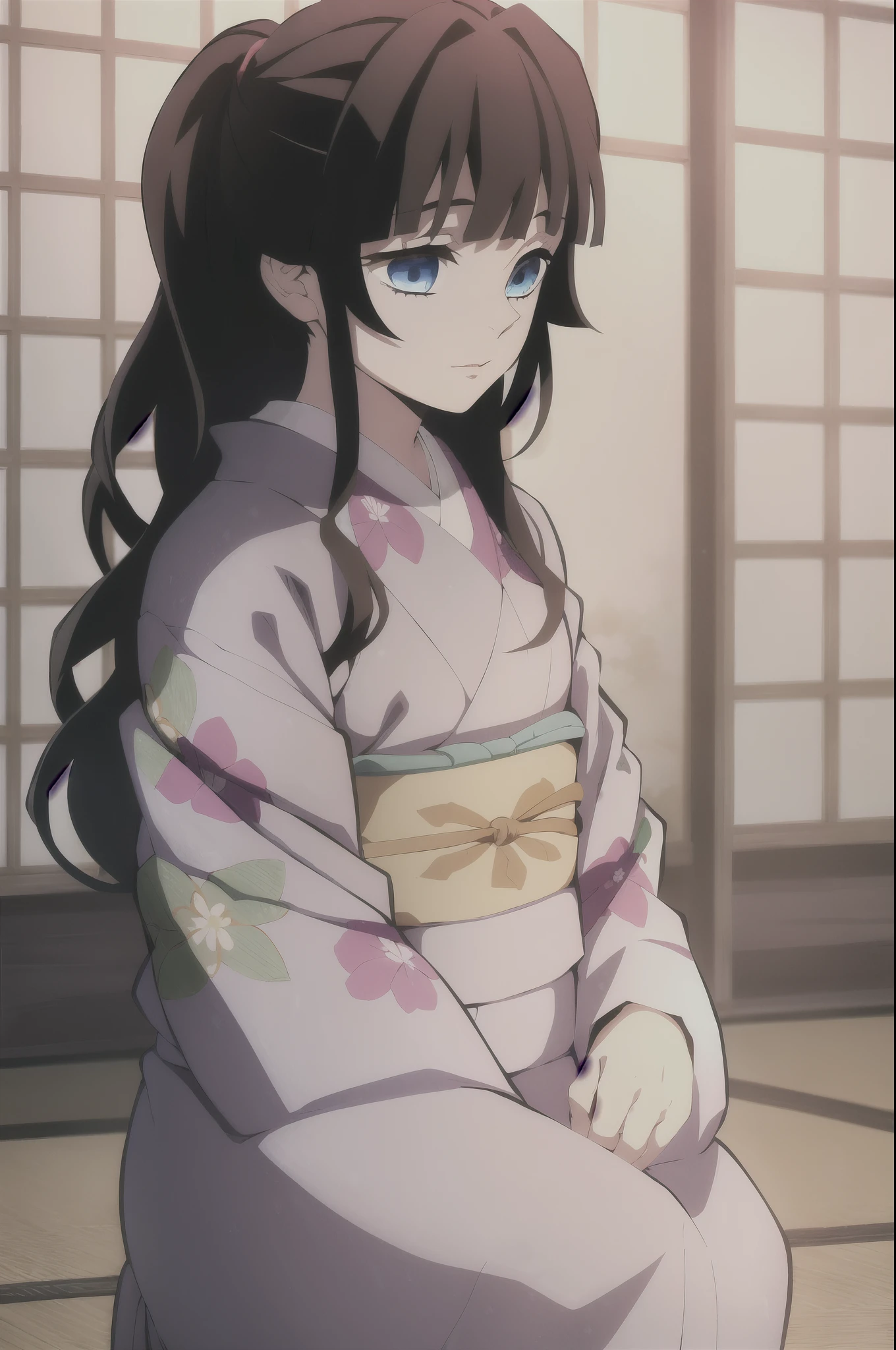 kimetsu no yaiba style,1girl, solo, japanese clothes, kimono, blue eyes, long hair, hair over shoulder, hair tie, floral print, brown hair, upper body, anime coloring, ((masterpiece))