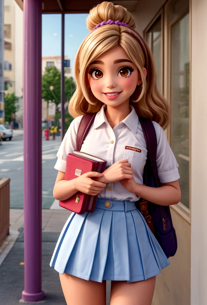 High quality image of a Chibi doll. Chibi doll., Dua Lipa, barbie 2023 movie style, detalles delicados, fondo blanco, fondo solido, feliz, sonriente, cuerpo entero,de pie, cuerpo entero, Zapatillas blancas, Clueless Movie style, sorridente de cabelos cacheados Browns, Brown, cabelo Brown, by the chestnut, by the chestnut, vistiendo un colorido uniforme escolar, carrying a large, colorful backpack full of books and school supplies, en el contexto de una escuela animada. color lavanda, amarillo pastel, Linda diadema