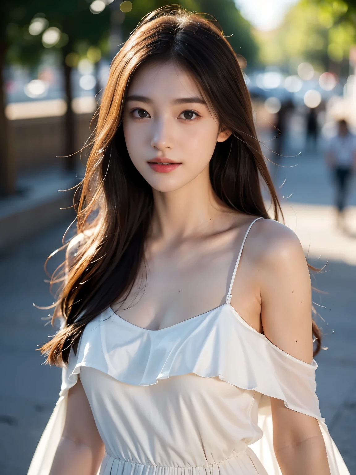 best qualtiy，tmasterpiece，Ultra-high resolution，（Reality：1.4），RAW photogr，1girll，Face Highlighting，Pure，Girly，Flushing，18yr old，18-year-old smiling female classmate，Pure，Innocent，（best qualtiy，8K，tmasterpiece:1.3），Goose egg face，largeeyes，long eyelasher，Exquisite（live-action realistic style），Star-like eyes，Ultimate face，Photorealistic light and shadow，Clear facial featureilky white skin，Fair skin， highdetailskin， Realistic skin details， Visible Pore，（Super detail），（perfect bodies：1.1），long whitr hair，（dynamicposes），((Dynamic background((volumettic light：1.3))，the street，cropped shoulders，shift dresses