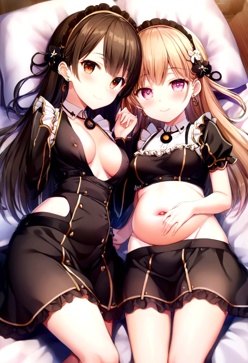 (2 young girls with long hair, Beautiful face and eyes and eyeliner,A delicate little face, pink eyes, Charming smile, (Maid cafe outfit with frilly, Sheer pleated mini skirt:1.5), Skirt turned inside out,(Transparent maid cafe costume with large open breasts and hollow:1.2), Sexy transparent underwear,Underwear exposed,Show belly button, Revealing sexy transparent white panties (very pretty girl), brown hair, Fashion hair accessories quality:1.4), (Extremely detailed),Pendants and earrings、 (Extremely detailed CG unified 8k wallpaper), Very detailed, High-resolution original color photos, Professional photography, Depth of Field, (Lying in bed)