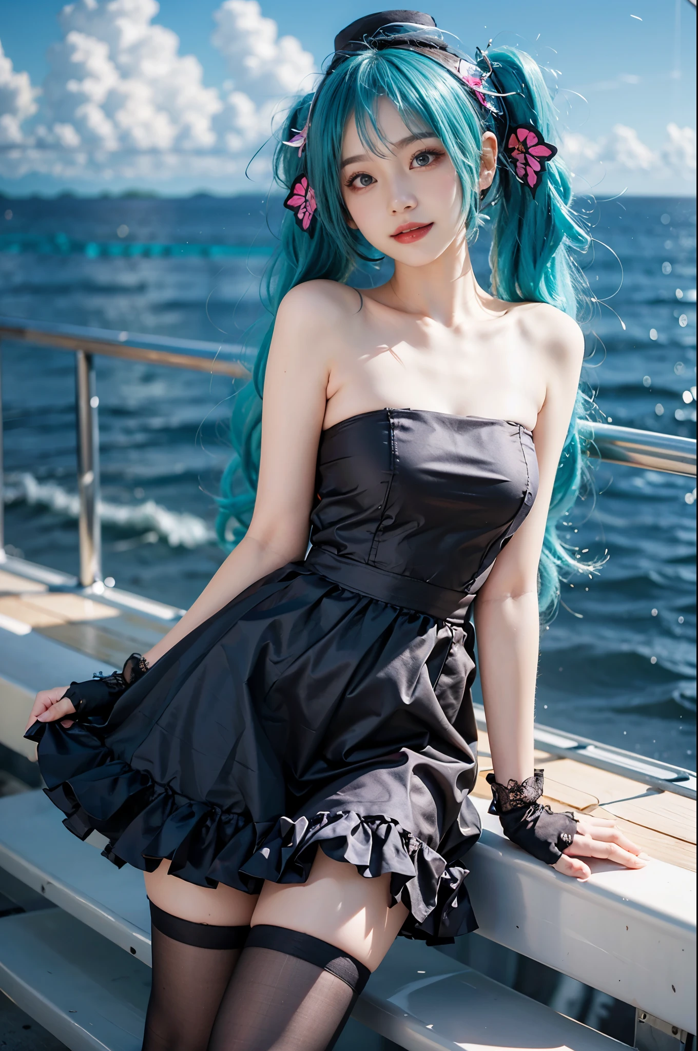 hatsune miku cosplay costume, hatsune miku, cosplay, twintails, aqua hair, very long hair, strapless dress, dress, fingerless gloves, mini hat, butterfly hair ornament, hair ornament, headphones, butterfly headphones, thighhighs, high heels, (whole body),(best quality,Extremely detailed,Reality),Beautiful and delicate eyes,Beautiful and delicate lips,Young female model,saturation,Soaked,Offshore,blue sky and clouds,Surfing on a sailboat, leaning on railing,Charming smile,Long legs,fit,Stunning face,masterpiece, Bare shoulders, Big breasts, Full breasts, Anatomically correct