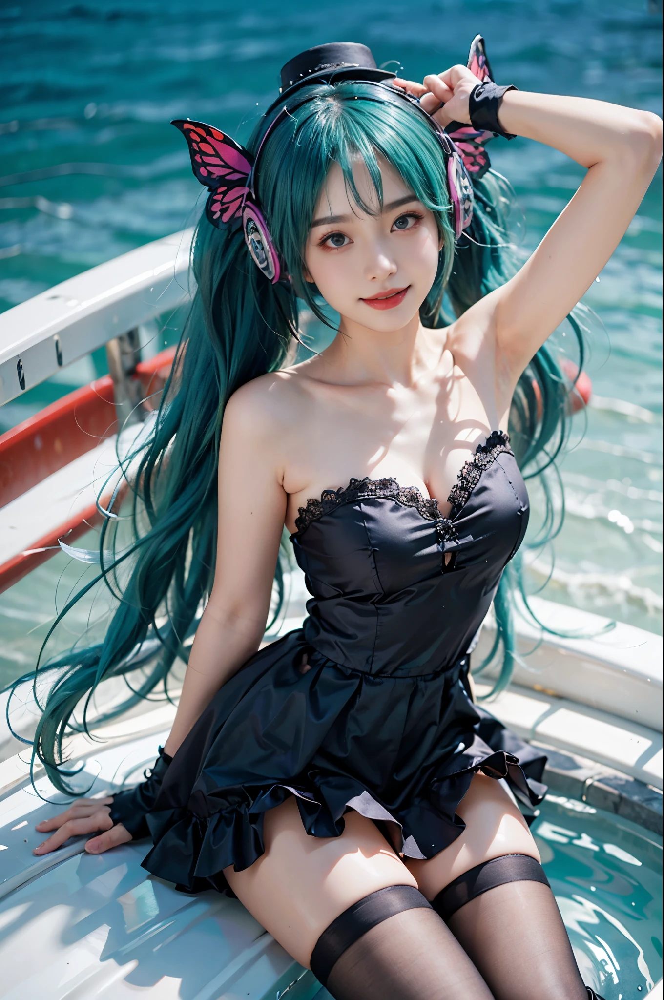 hatsune miku cosplay costume, hatsune miku, cosplay, twintails, aqua hair, very long hair, strapless dress, dress, fingerless gloves, mini hat, butterfly hair ornament, hair ornament, headphones, butterfly headphones, thighhighs, high heels, (whole body),(best quality,Extremely detailed,Reality),Beautiful and delicate eyes,Beautiful and delicate lips,Young female model,saturation,Soaked,Offshore,blue sky and clouds,Surfing on a sailboat, leaning on railing,Charming smile,Long legs,fit,Stunning face,masterpiece, Bare shoulders, Big breasts, Full breasts, Anatomically correct
