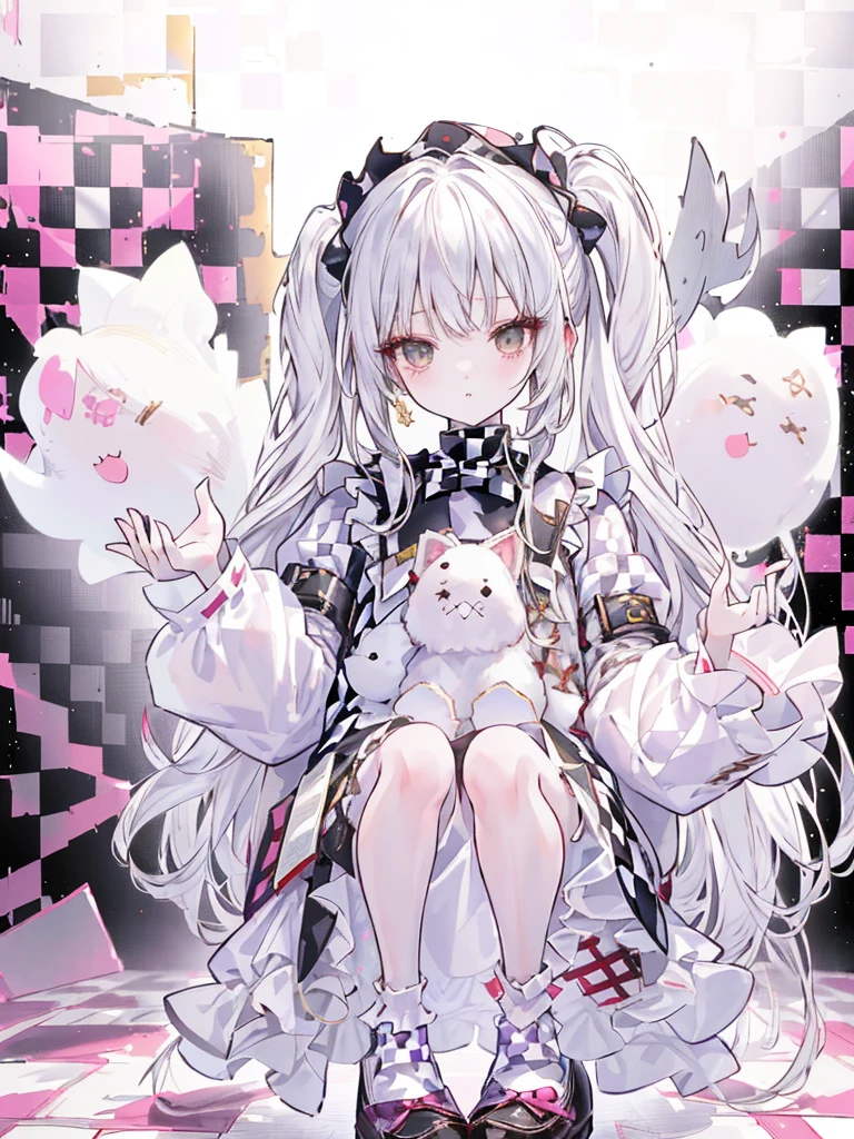 The best composition、girl,highest quality、Masterpiece、Official Art、White Hair,Straight Long Hair,break//(Double sleeve long sleeve),((Clothes with lots of frills)),(Shiny and cute loafer shoes),((break//)),((Checkered Background:1.6)),Face close-up,(Holding a stuffed rabbit)