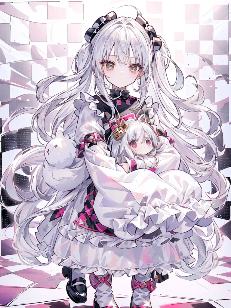 The best composition、girl,highest quality、Masterpiece、Official Art、White Hair,Straight Long Hair,break//(Double sleeve long sleeve),((Clothes with lots of frills)),(Shiny and cute loafer shoes),((break//)),((Checkered Background:1.6)),Face close-up,(Holding a stuffed rabbit)